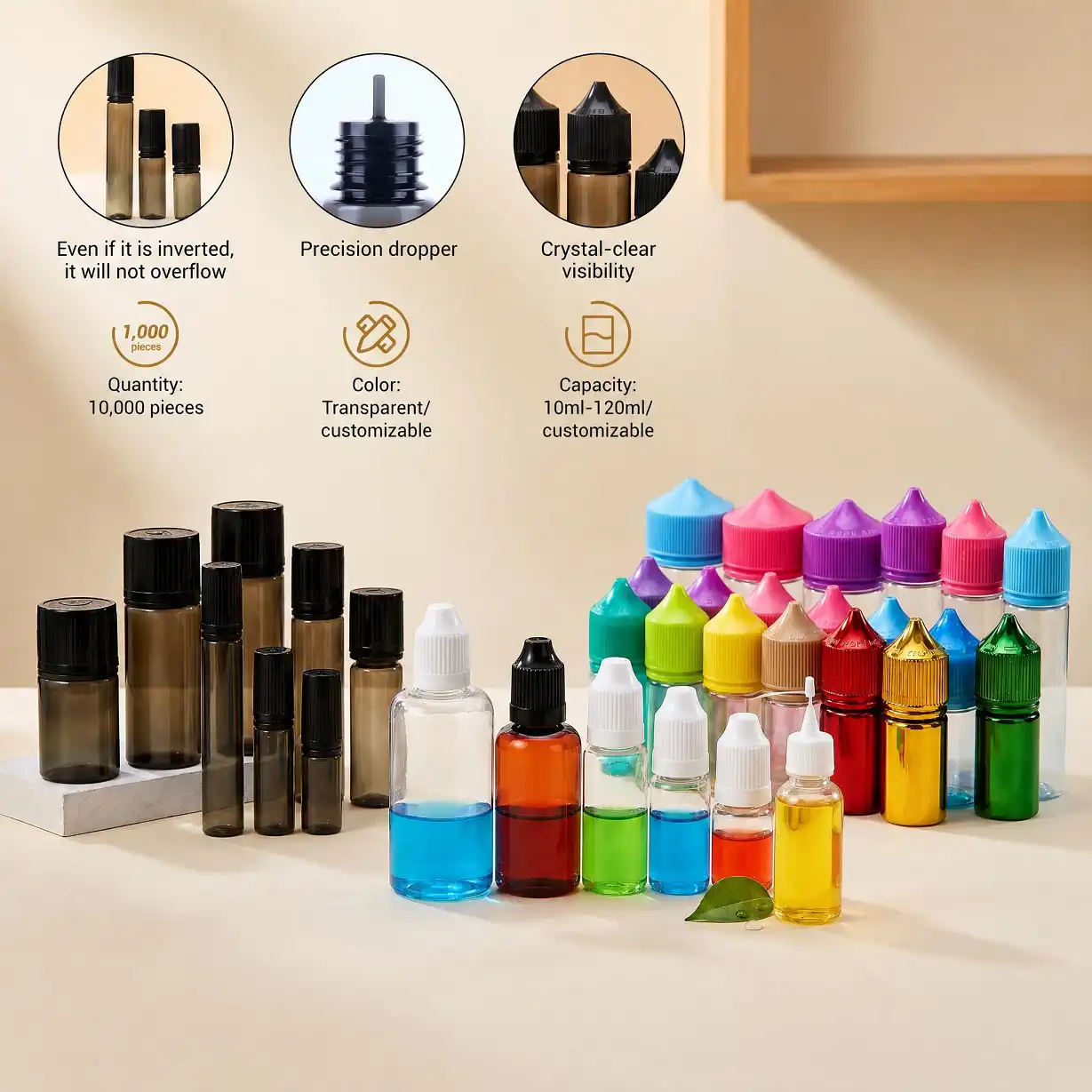 Bulk leak-proof PET dropper squeeze bottles for essential oils, e-liquids and tinctures, various capacities and colors, OEM/ODM service