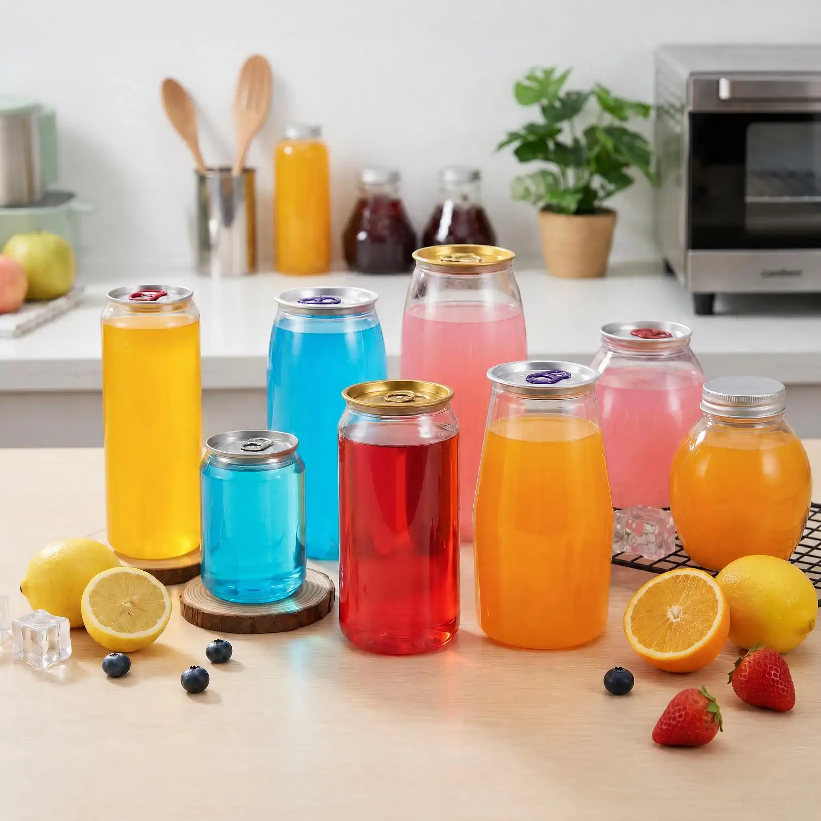 Food-grade PET juice bottles with easy-open can lids, perfect for cold drinks, smoothies and bubble tea, bulk packaging