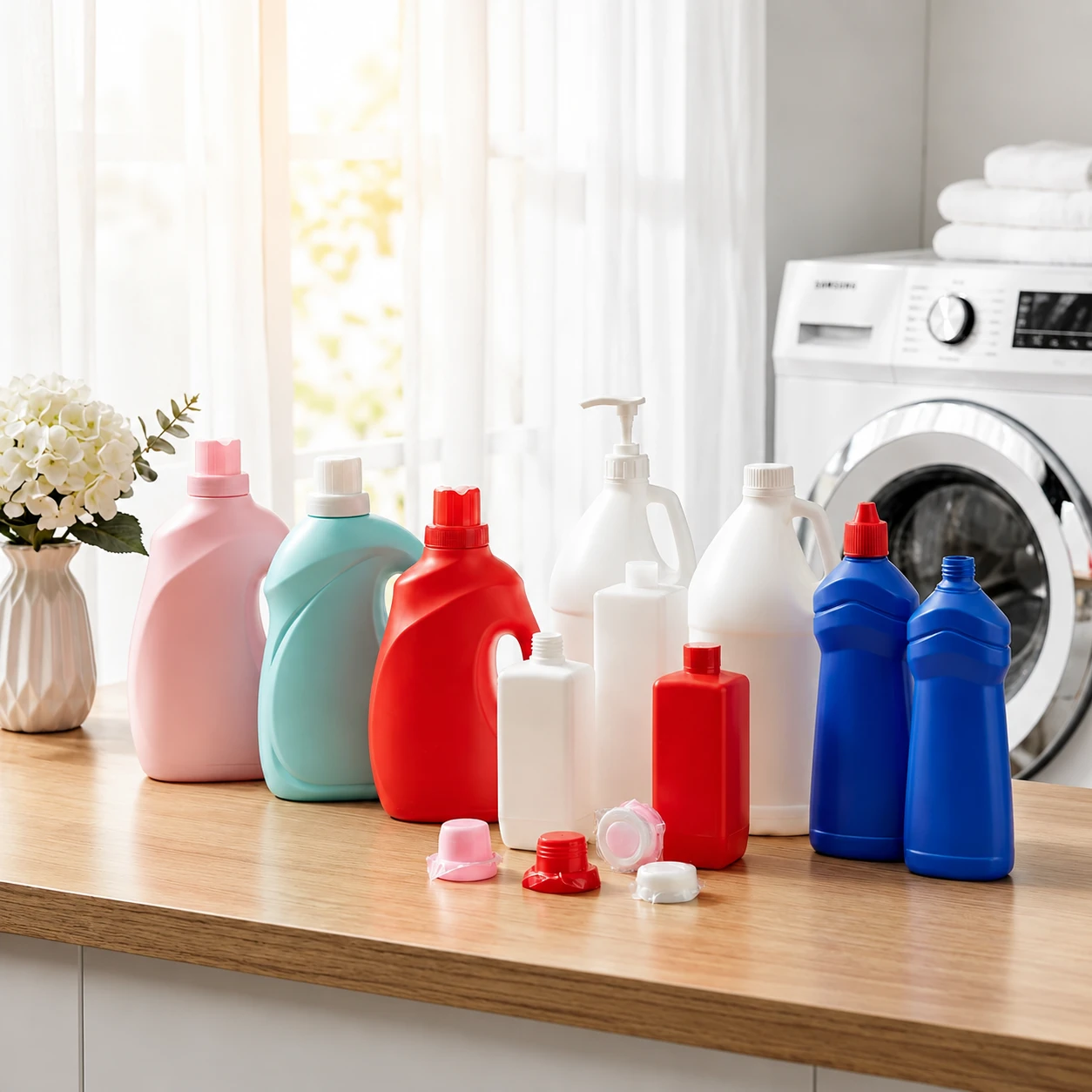 Durable HDPE plastic bottles for laundry detergent, fabric softener and household cleaners, various colors and sizes
