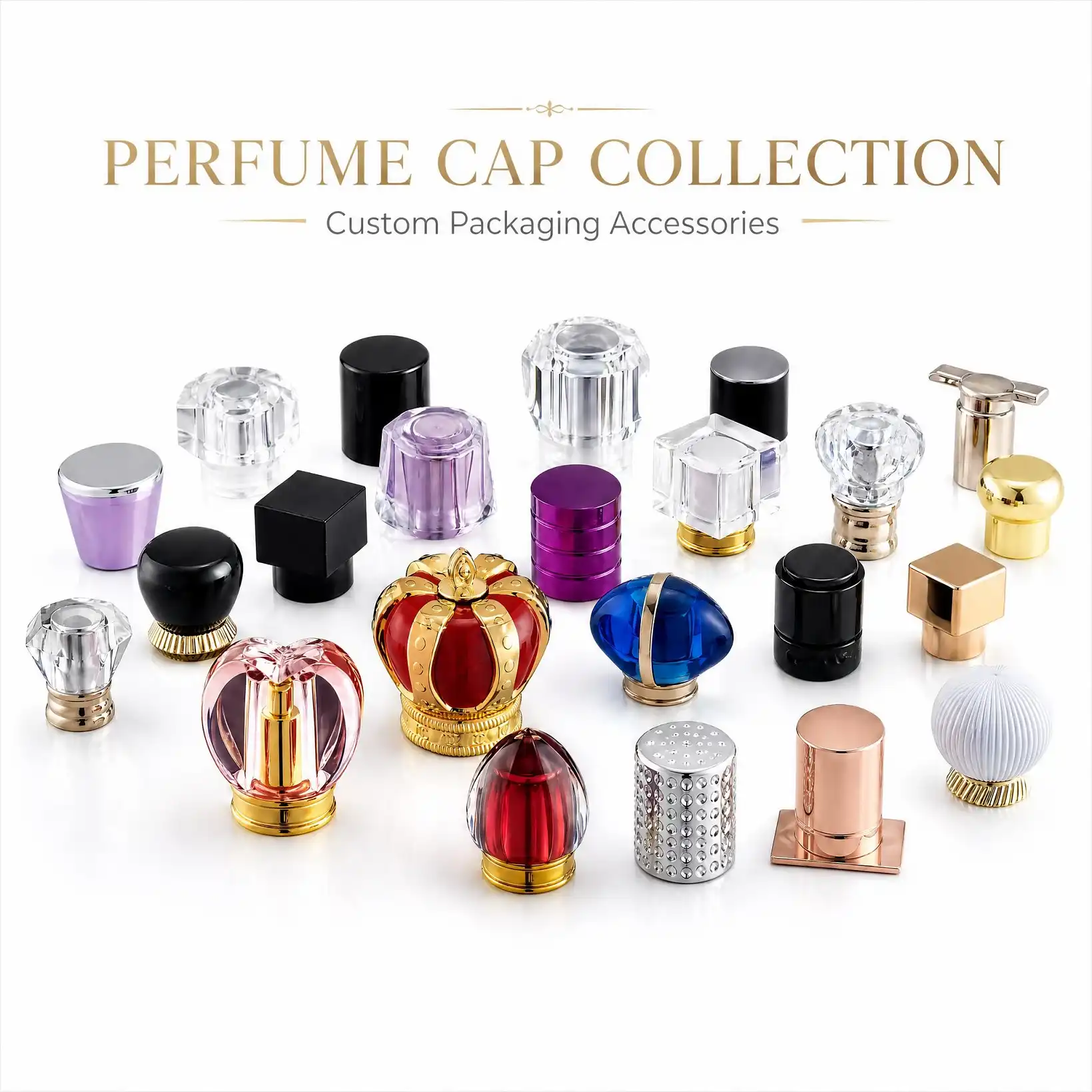 Premium perfume caps in crystal, metal and acrylic finishes, various designs for high-end fragrance brands, custom colors and logo engraving service