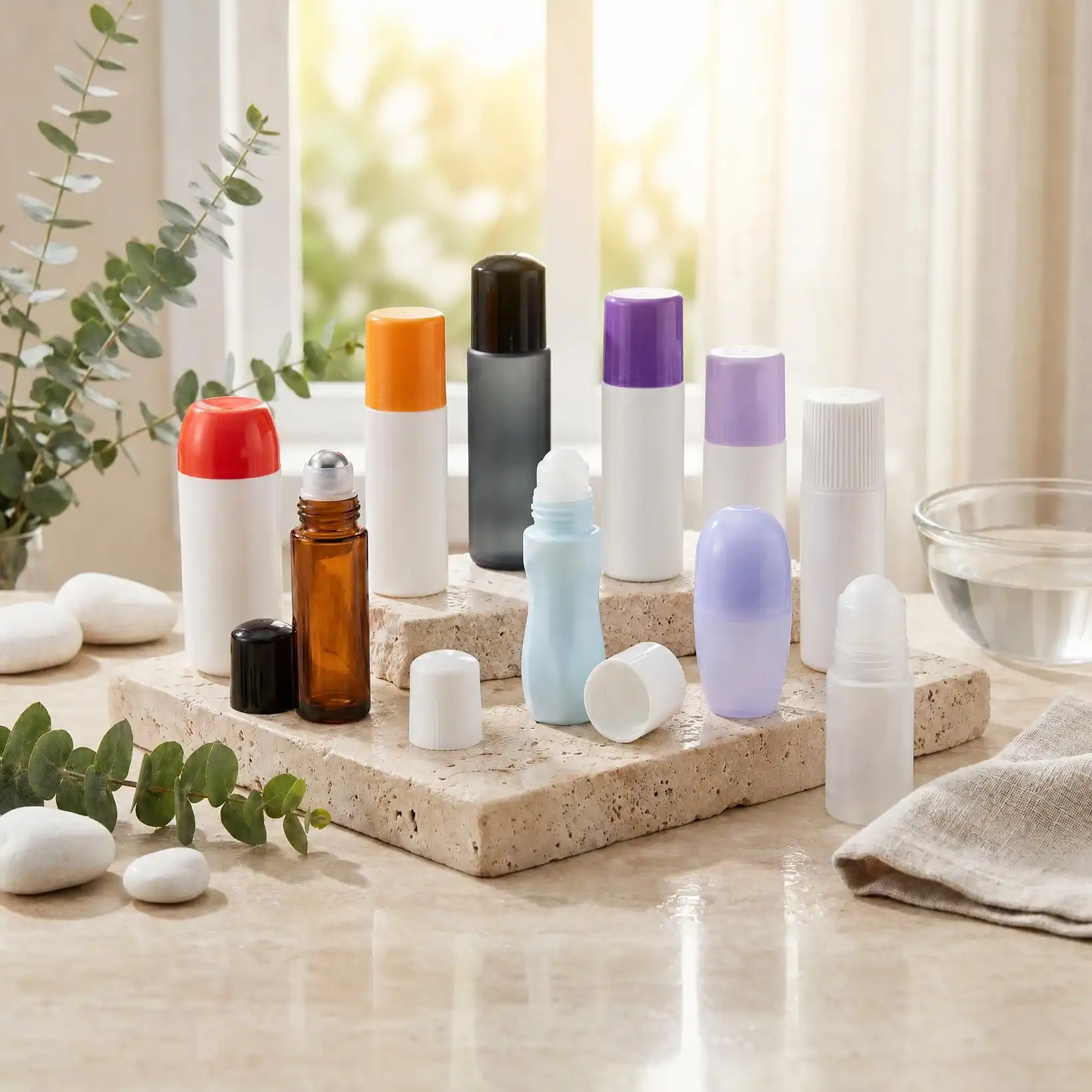 Leak-proof roll on bottles with stainless steel balls, perfect for essential oils, perfumes and deodorants, multiple capacities and custom colors