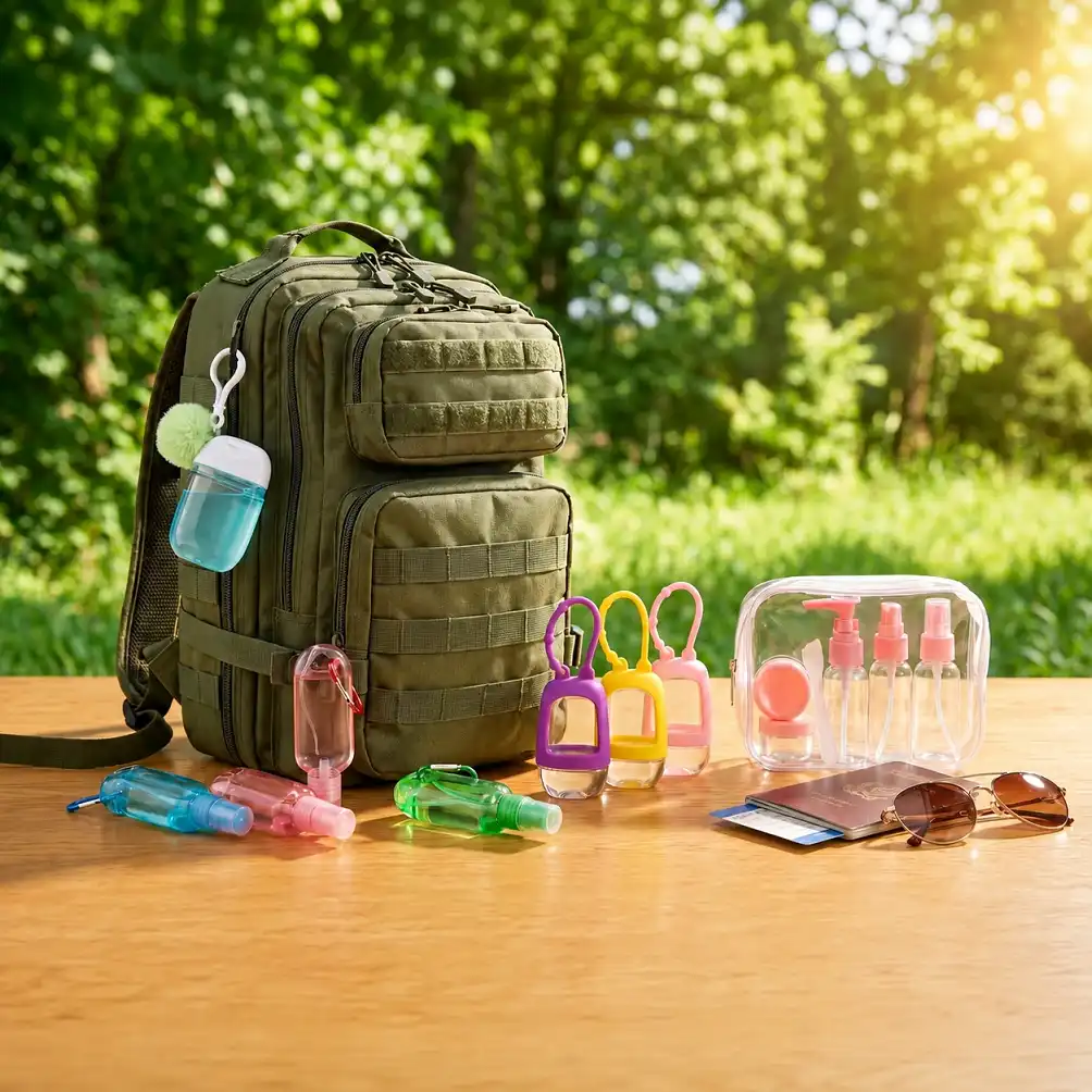 Leak-proof travel bottle sets with keychain holders, perfect for hand sanitizer, lotion and shampoo, bulk packaging for travel and outdoor use
