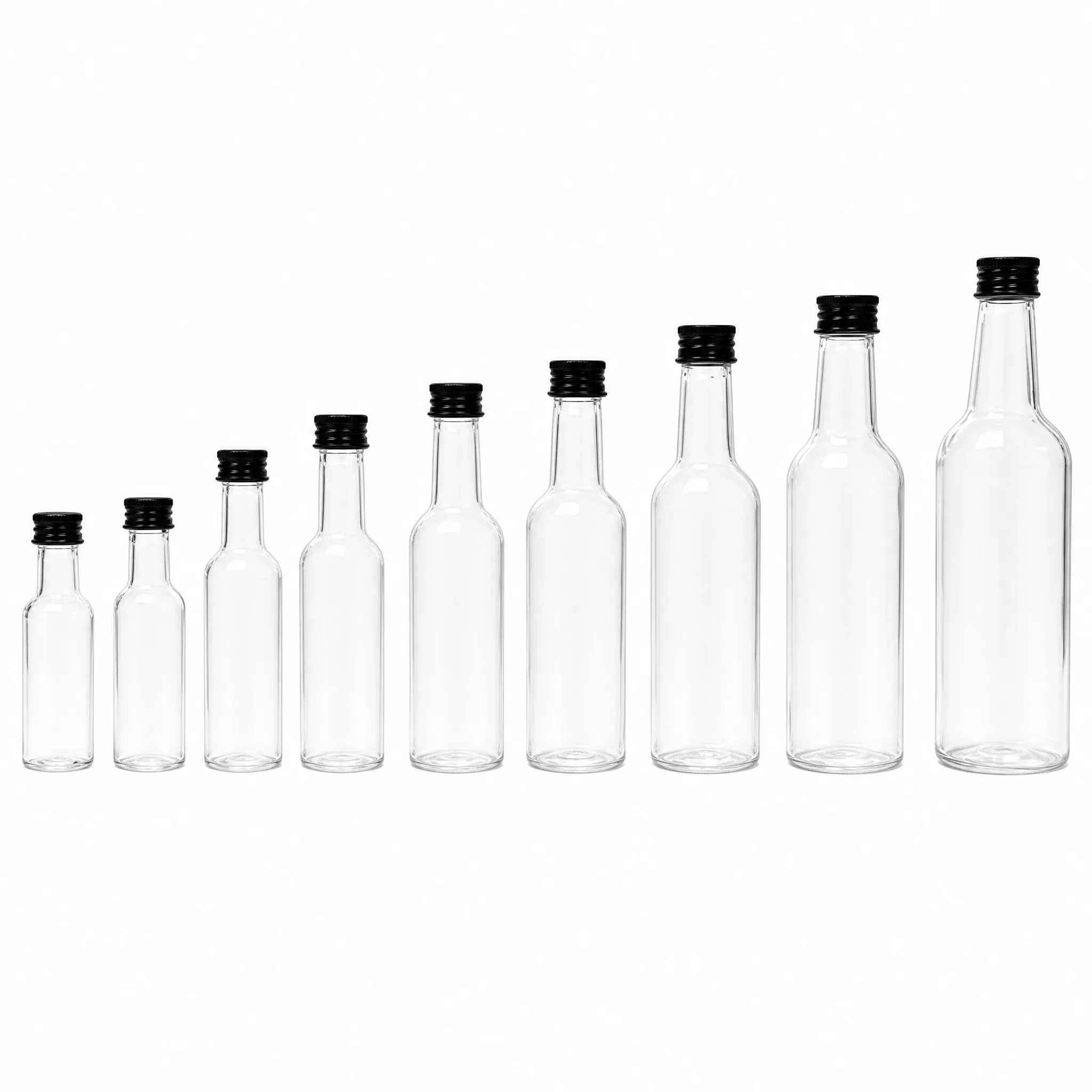 factory direct full size range clear PET plastic bottles 100ml to 1000ml with tamper proof black aluminum caps for wholesale
