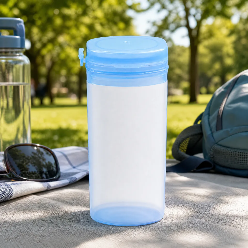 100ml light blue portable flip top plastic bottle on picnic blanket in sunny park