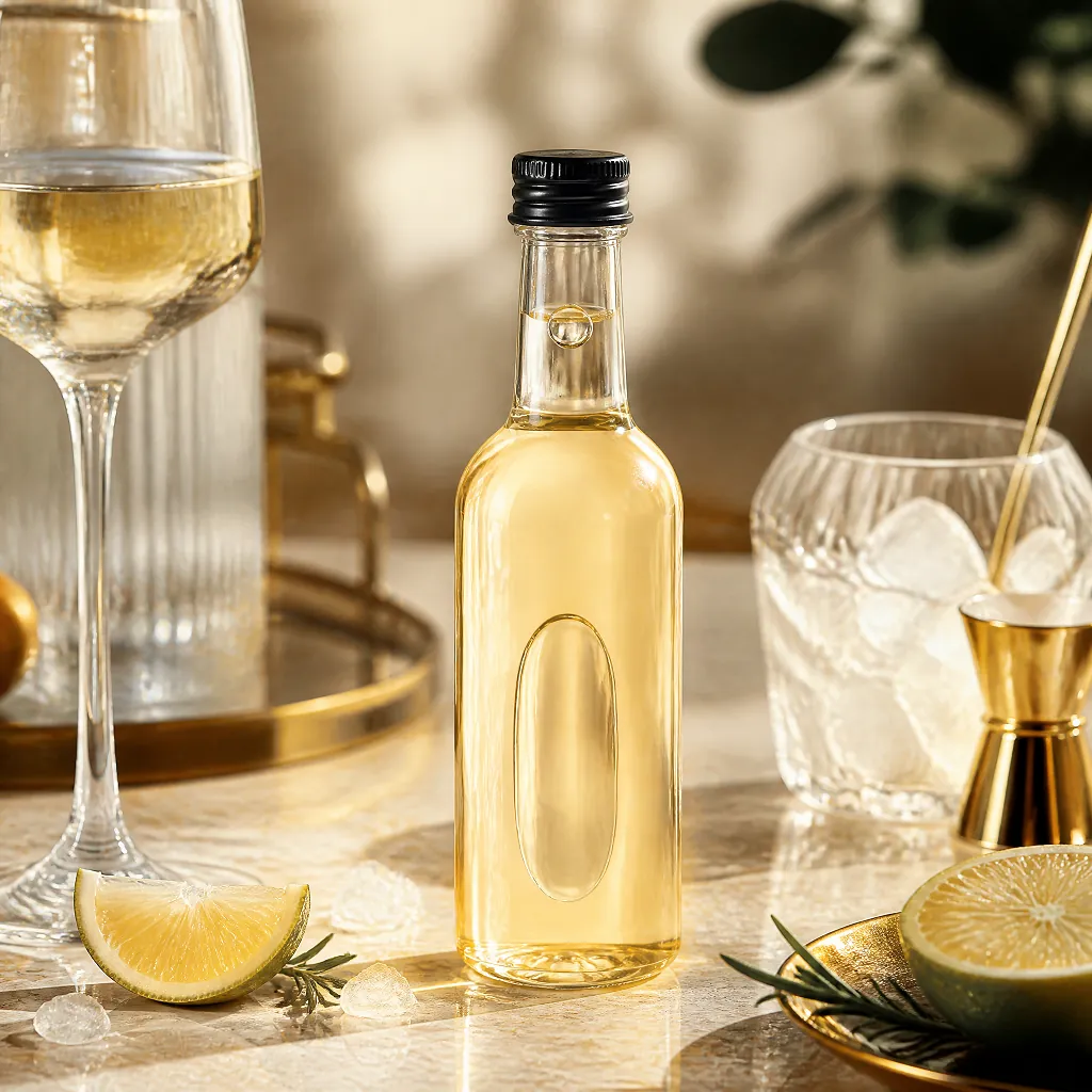 100ml clear PET mini liquor bottle filled with whiskey on elegant bar counter for alcohol beverage packaging
