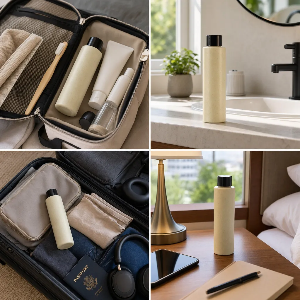 100ml PLA travel bottle 4 grid real usage scenarios toiletry bag bathroom suitcase hotel