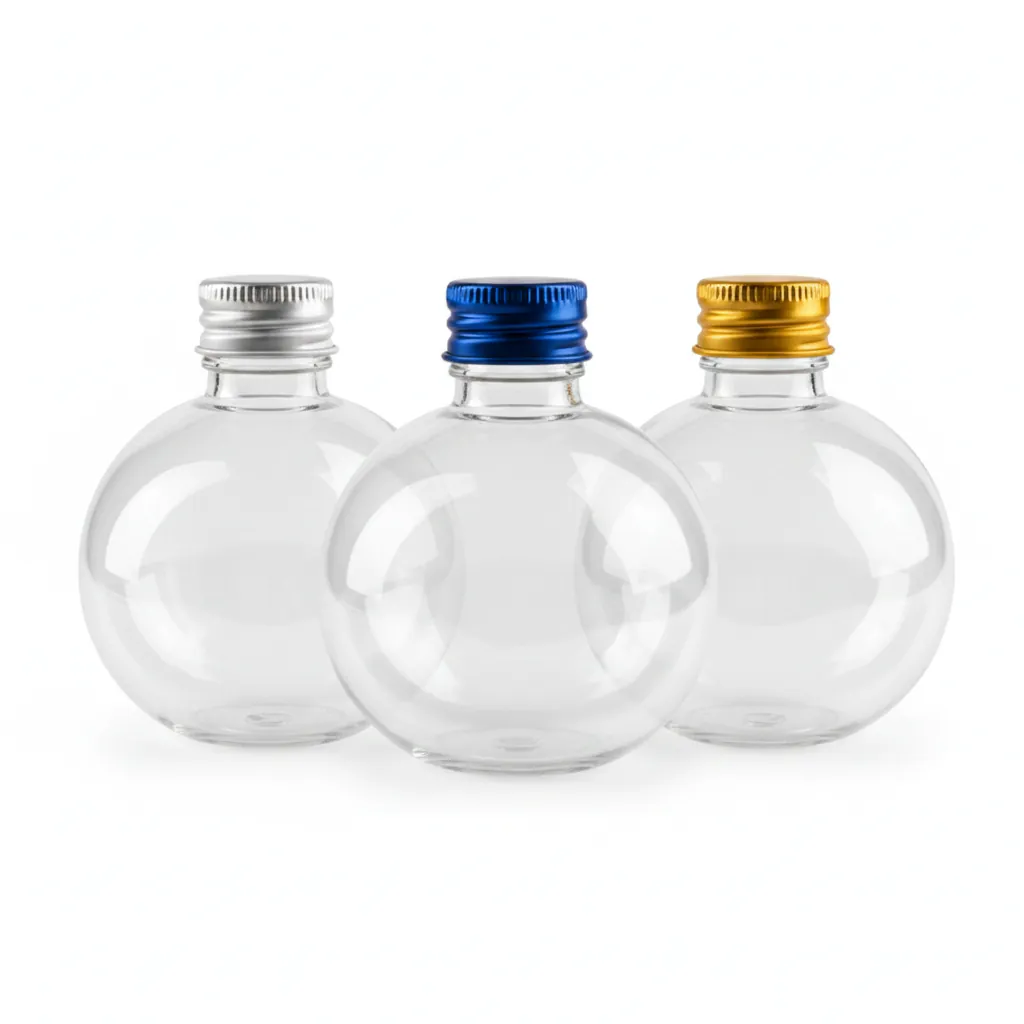 Three 100ml spherical plastic bottles with silver gold blue aluminum caps