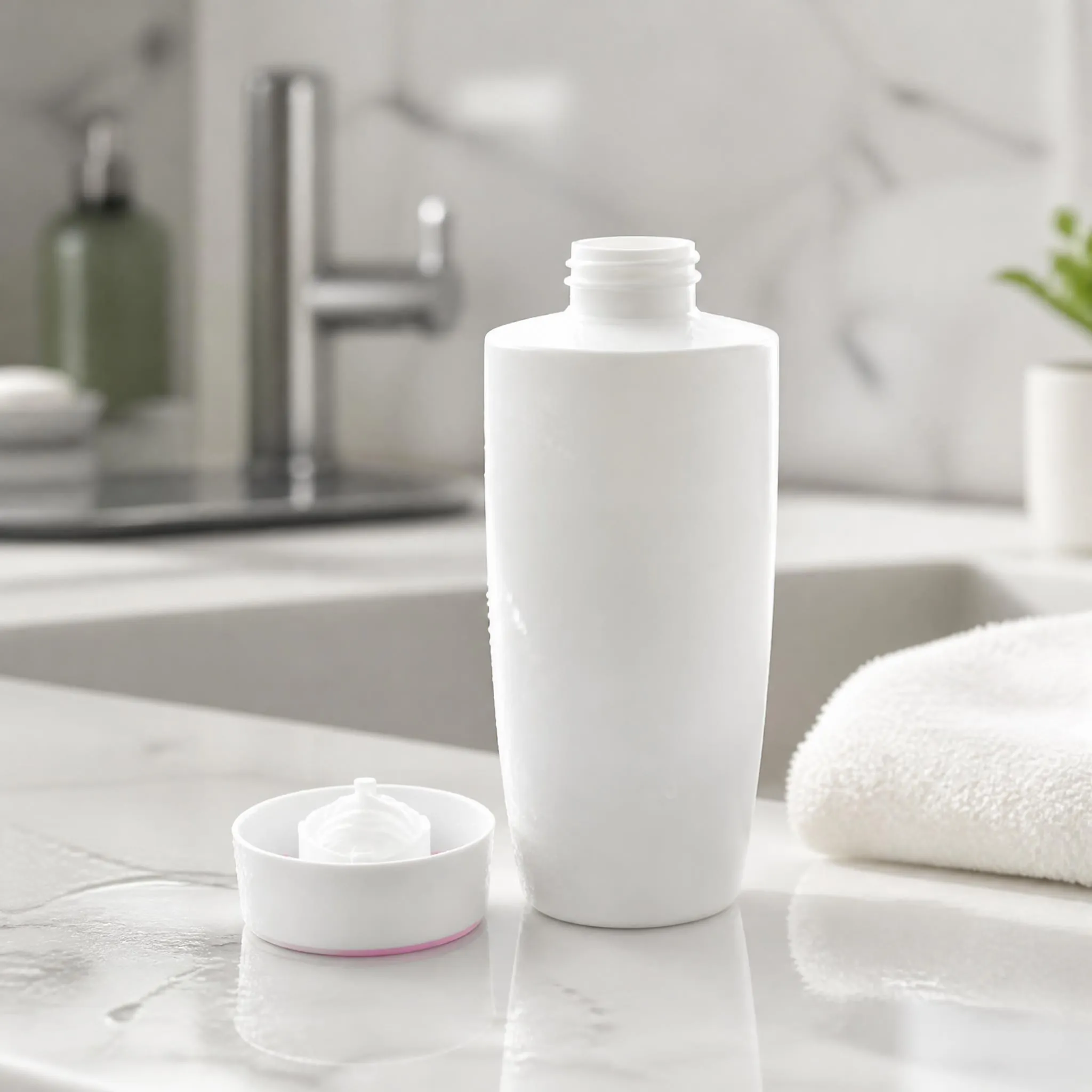 120ml pe flat plastic bottle on bathroom countertop for hand lotion