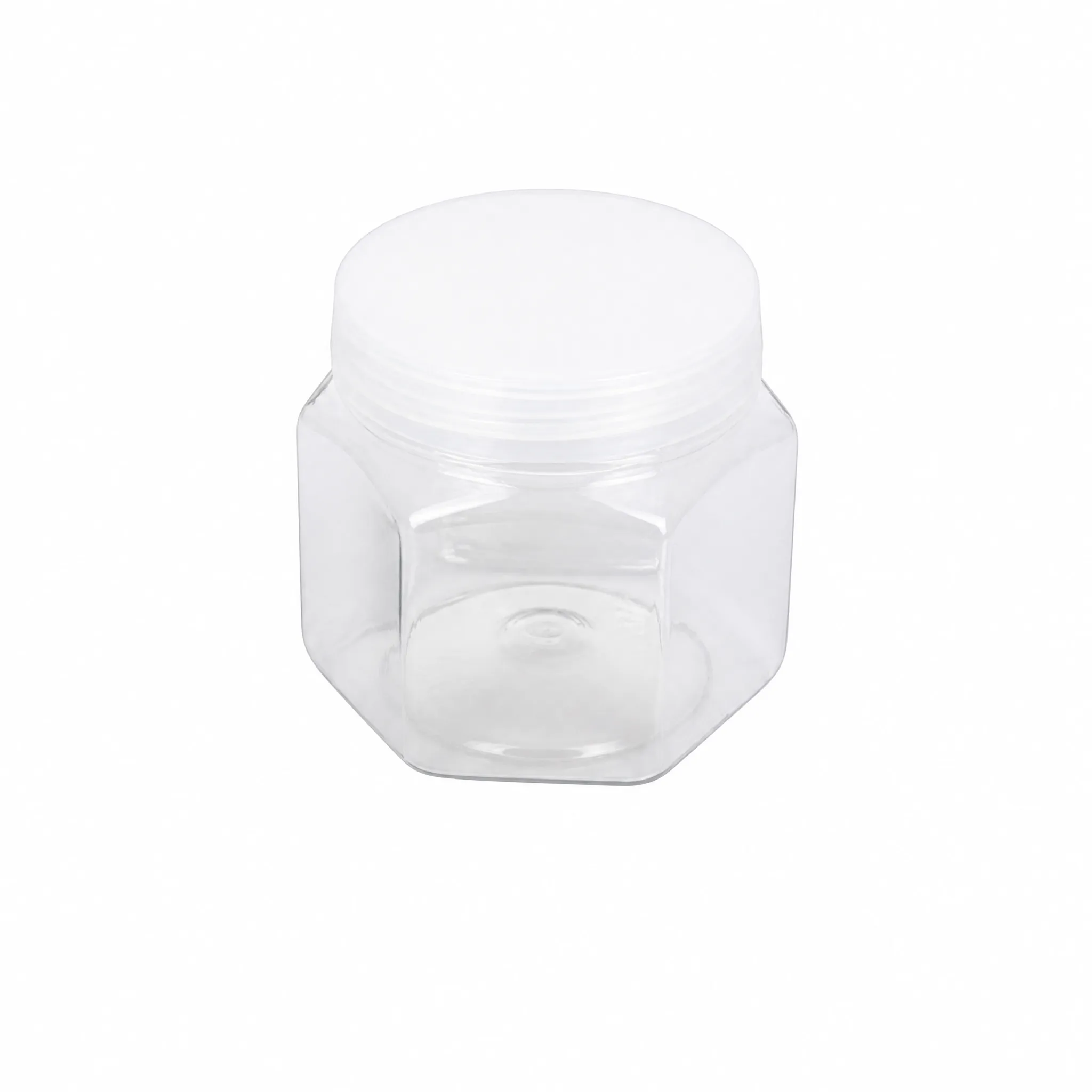 130ml clear hexagonal plastic storage jar with white cap front view
