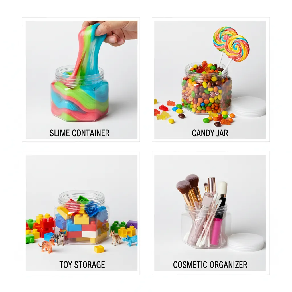 130ml hexagonal plastic jars used for kids toy storage playroom scene