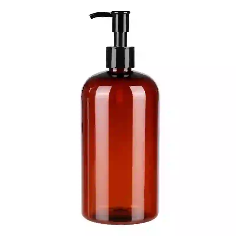 black pump amber Boston bottle cosmetic dispenser made from PET plastic