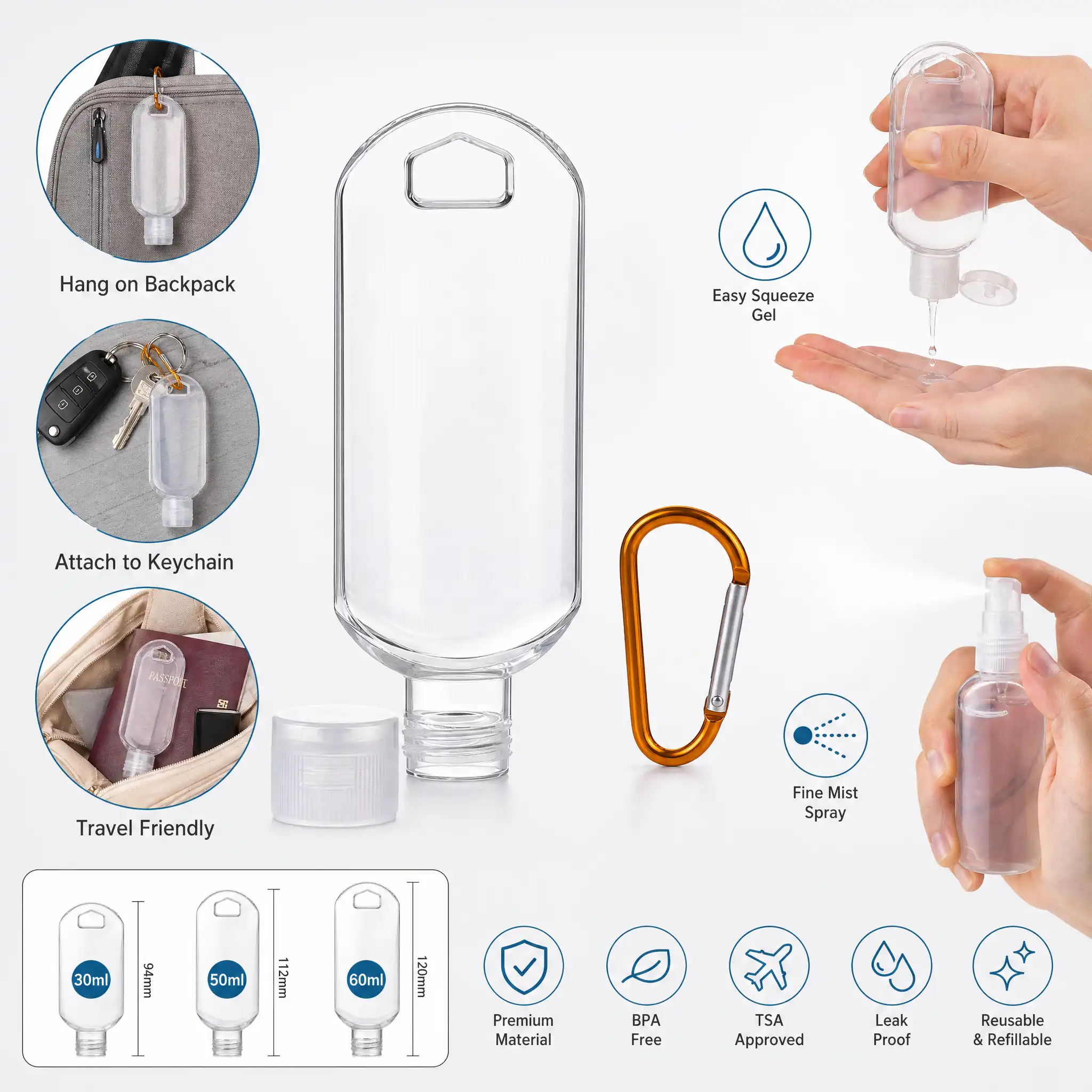 30ml 50ml 60ml refillable travel size plastic bottles with carabiner clip features infographic wholesale plastic bottle manufacturer custom OEM