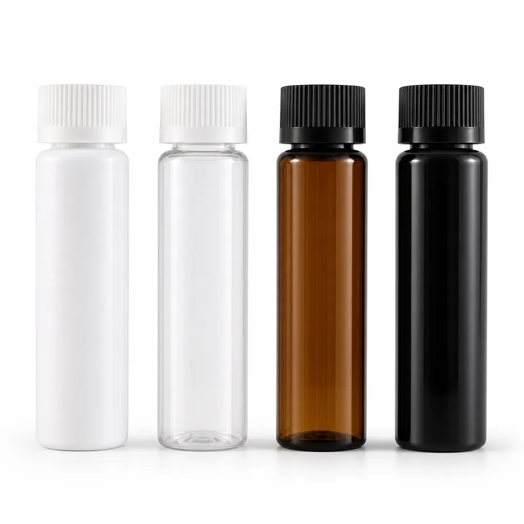 30ml PCR plastic press turn cap bottles multi color options white clear amber black