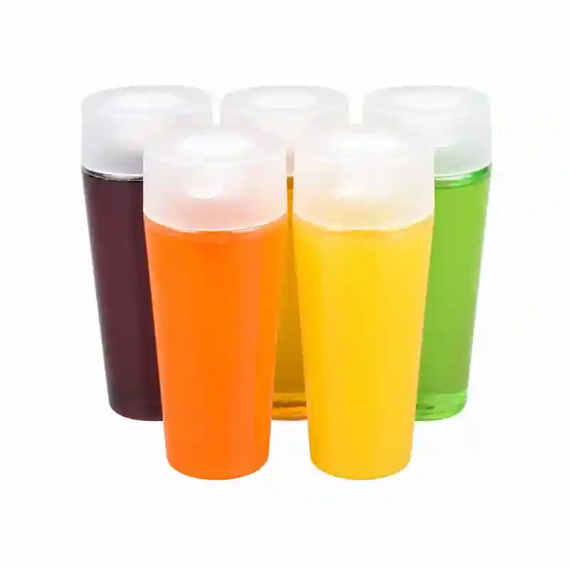 Set of 350ml PET juice bottles in 5 vibrant colors with white flip top caps