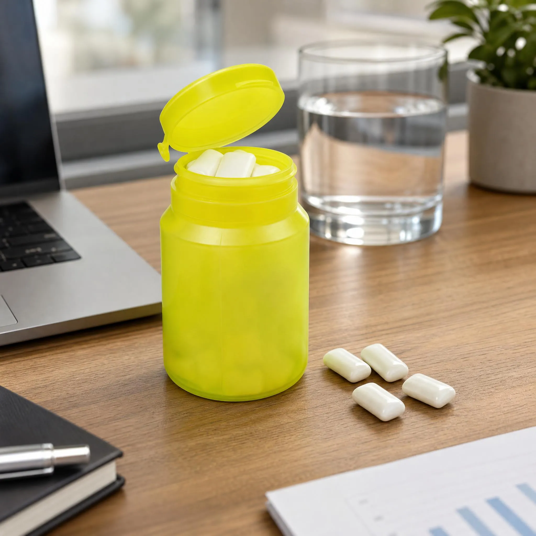 50ml yellow flip top plastic bottle filled with chewing gum on wooden office desk with open lid