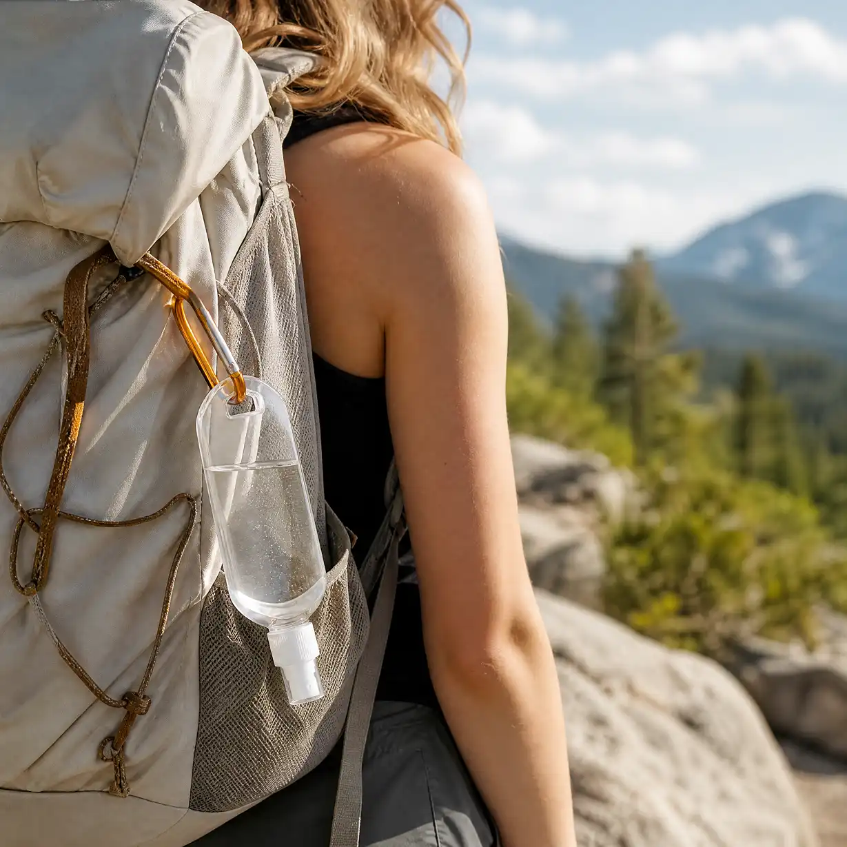 50ml carabiner spray bottle clipped to hiking backpack, outdoor mountain scenery background, perfect for hand sanitizer, insect repellent and skincare during hiking and camping