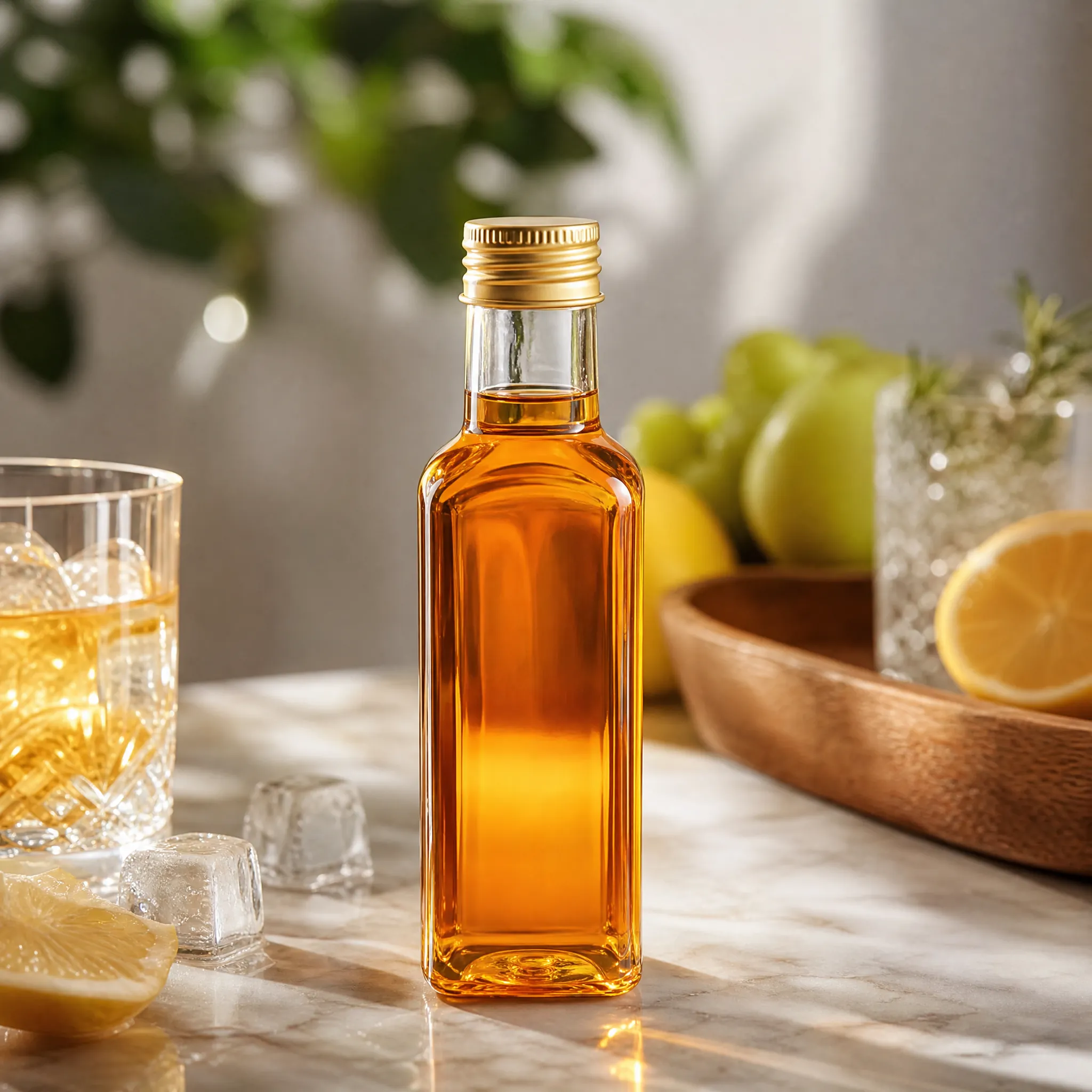 50ml Clear Square PET Mini Liquor Bottle with Gold Aluminum Cap for Whiskey Vodka Juice Beverage