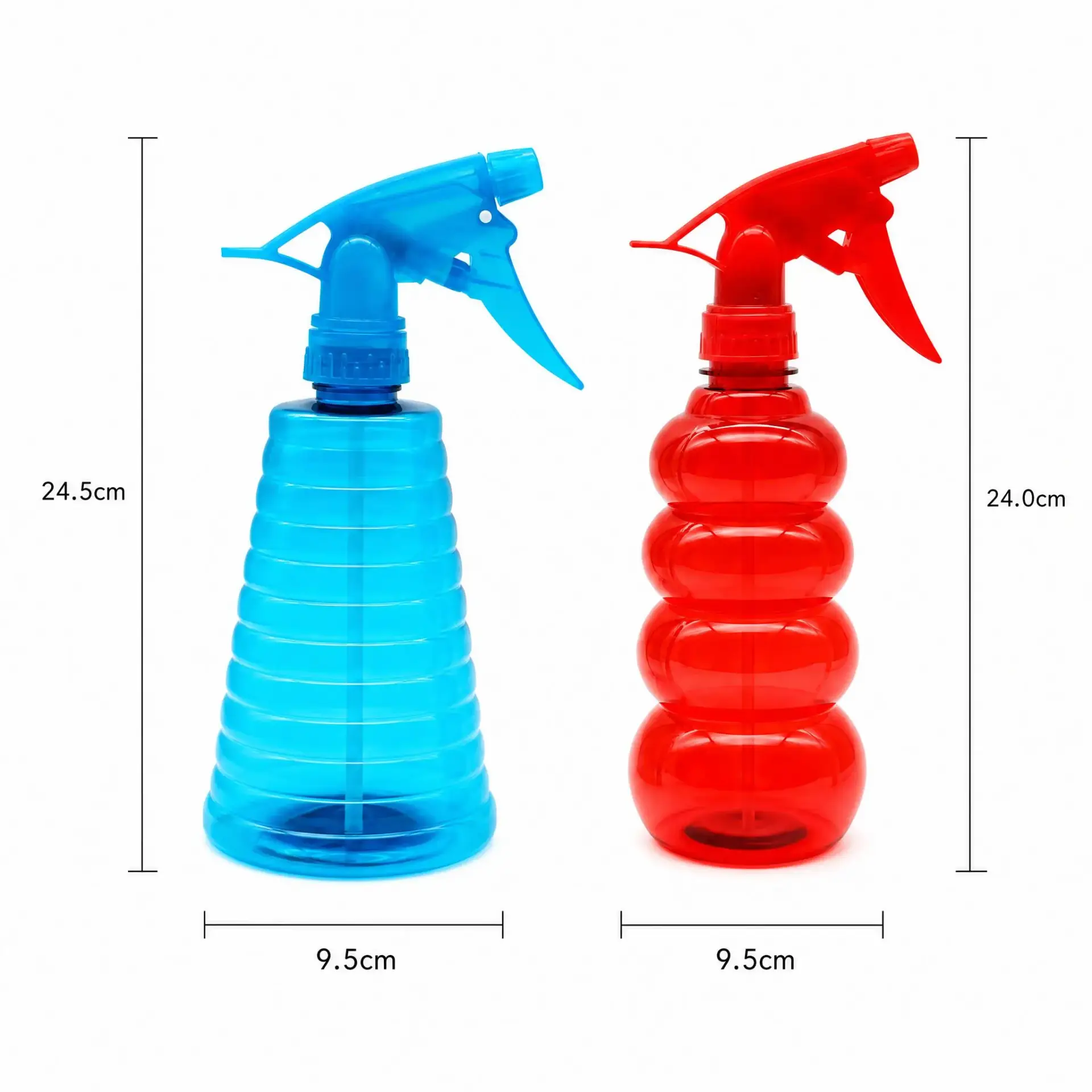 550ml blue ribbed and red gourd shaped PET trigger spray bottles dimensions size chart with measurements