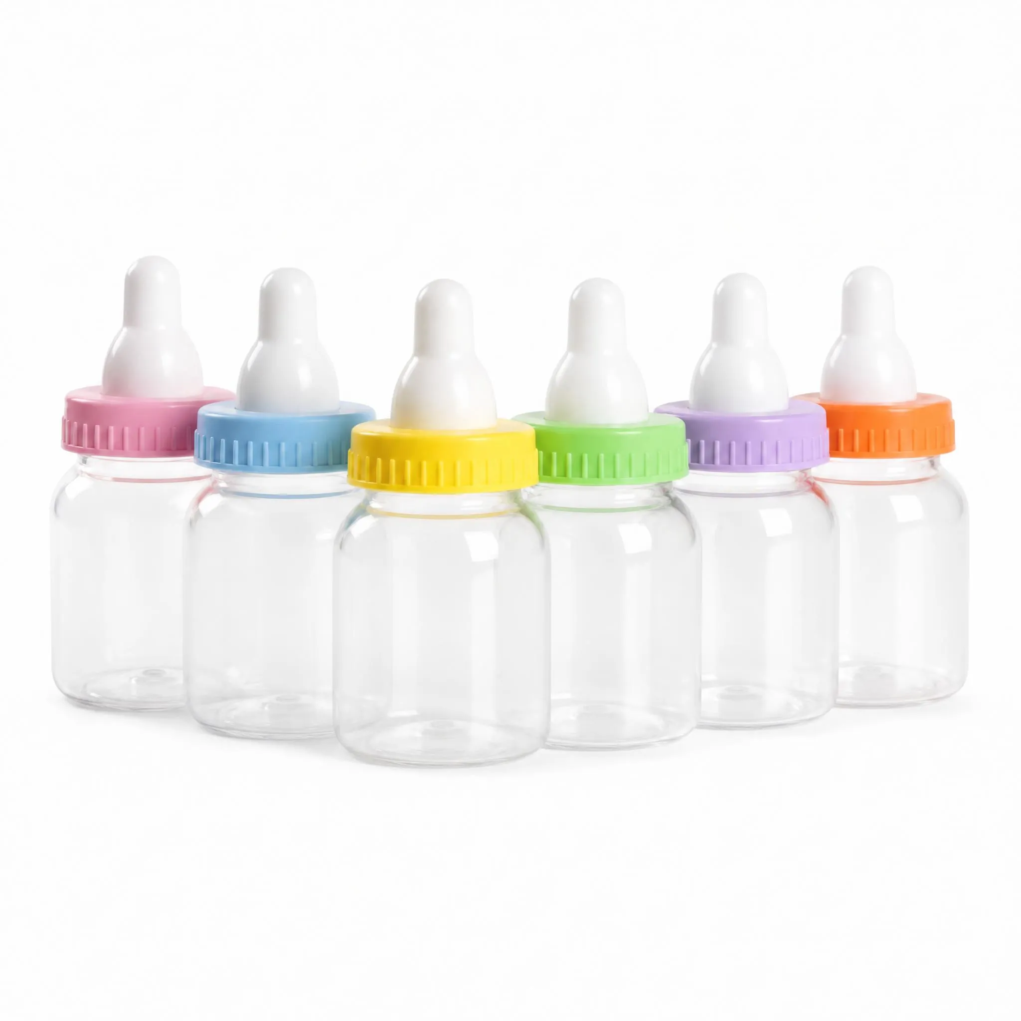Six mini baby bottle favor containers with different colored caps pink blue yellow green purple orange