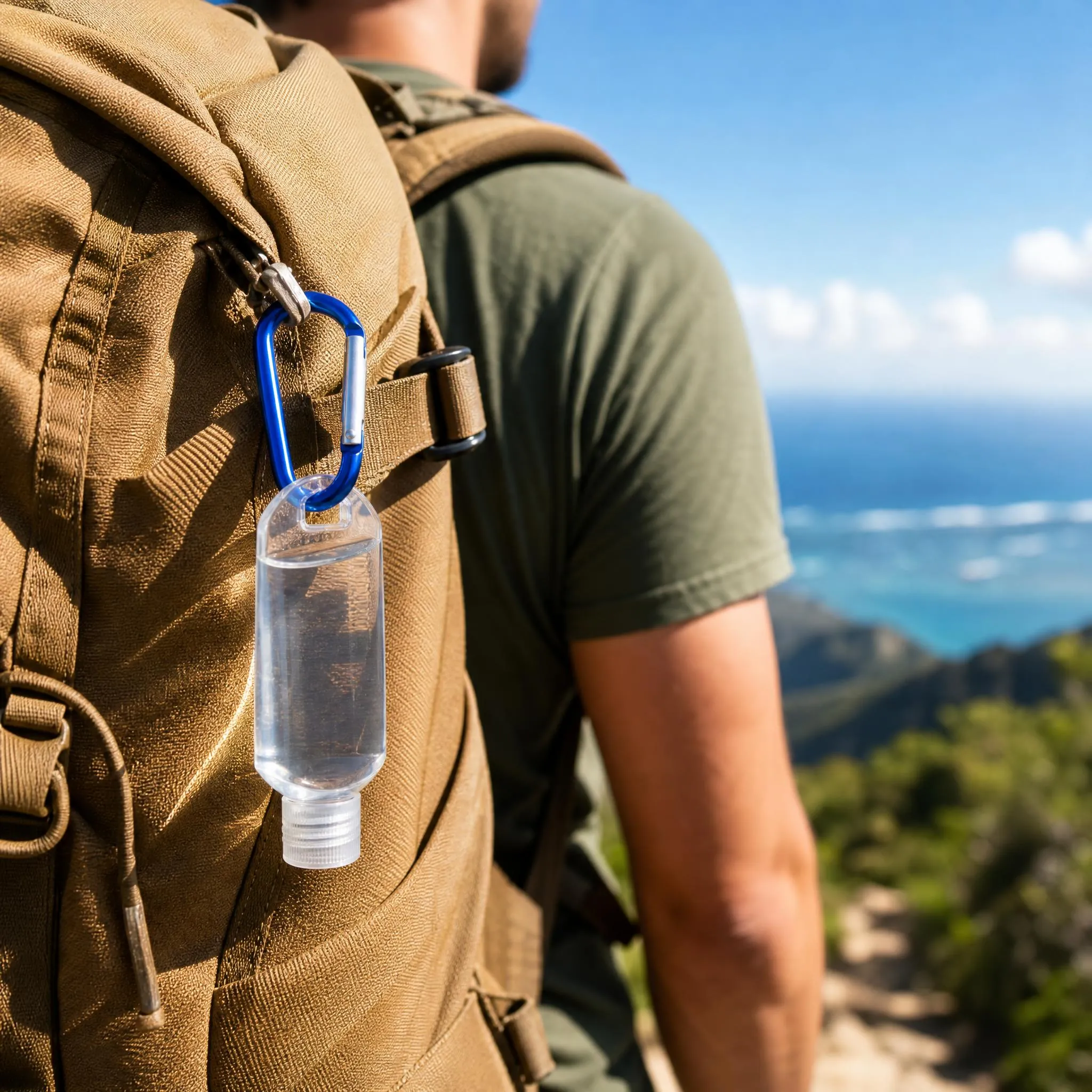 60ml PE spray bottle with blue carabiner hanging on backpack outdoor travel scene