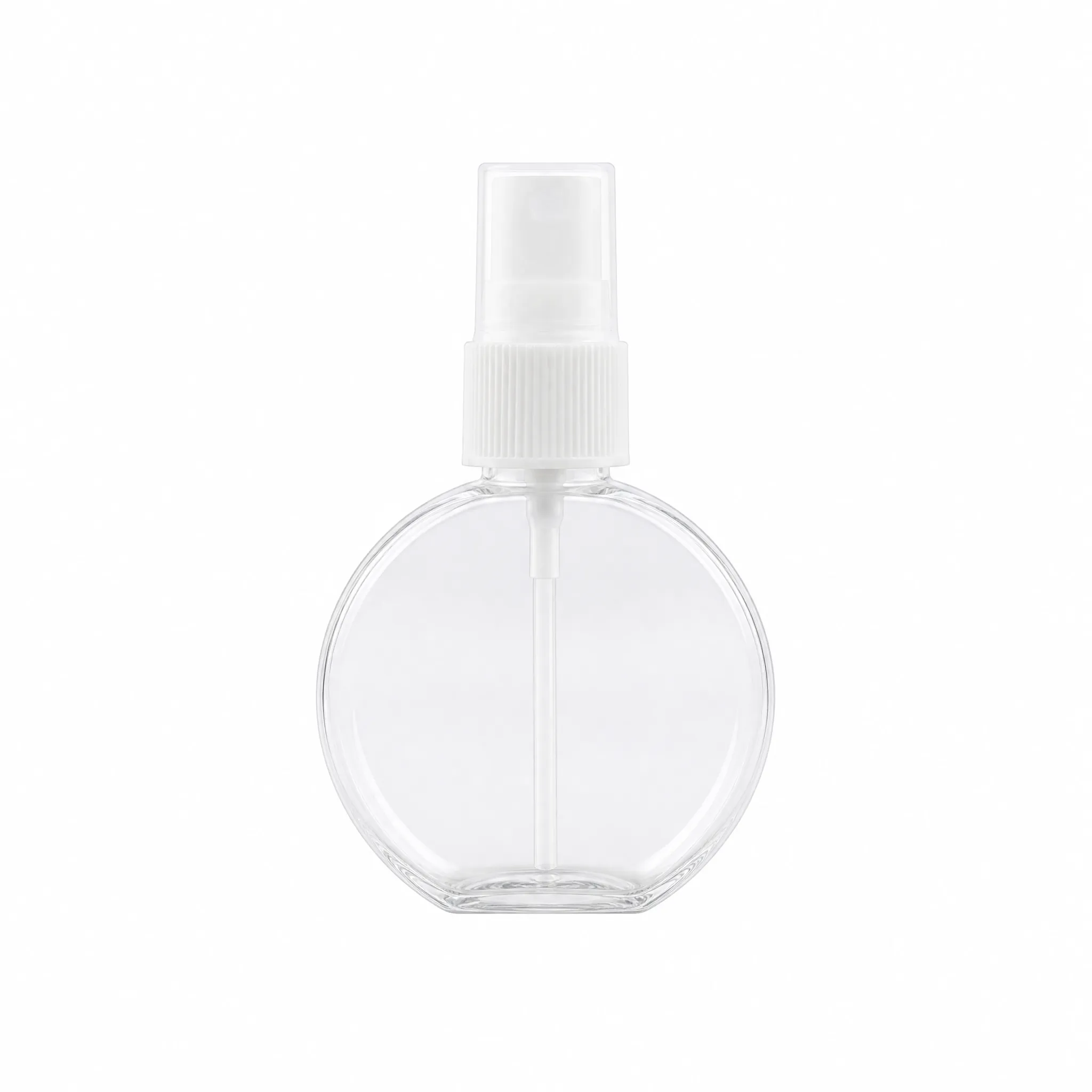 60ml clear round fine mist spray bottle with white nozzle front view