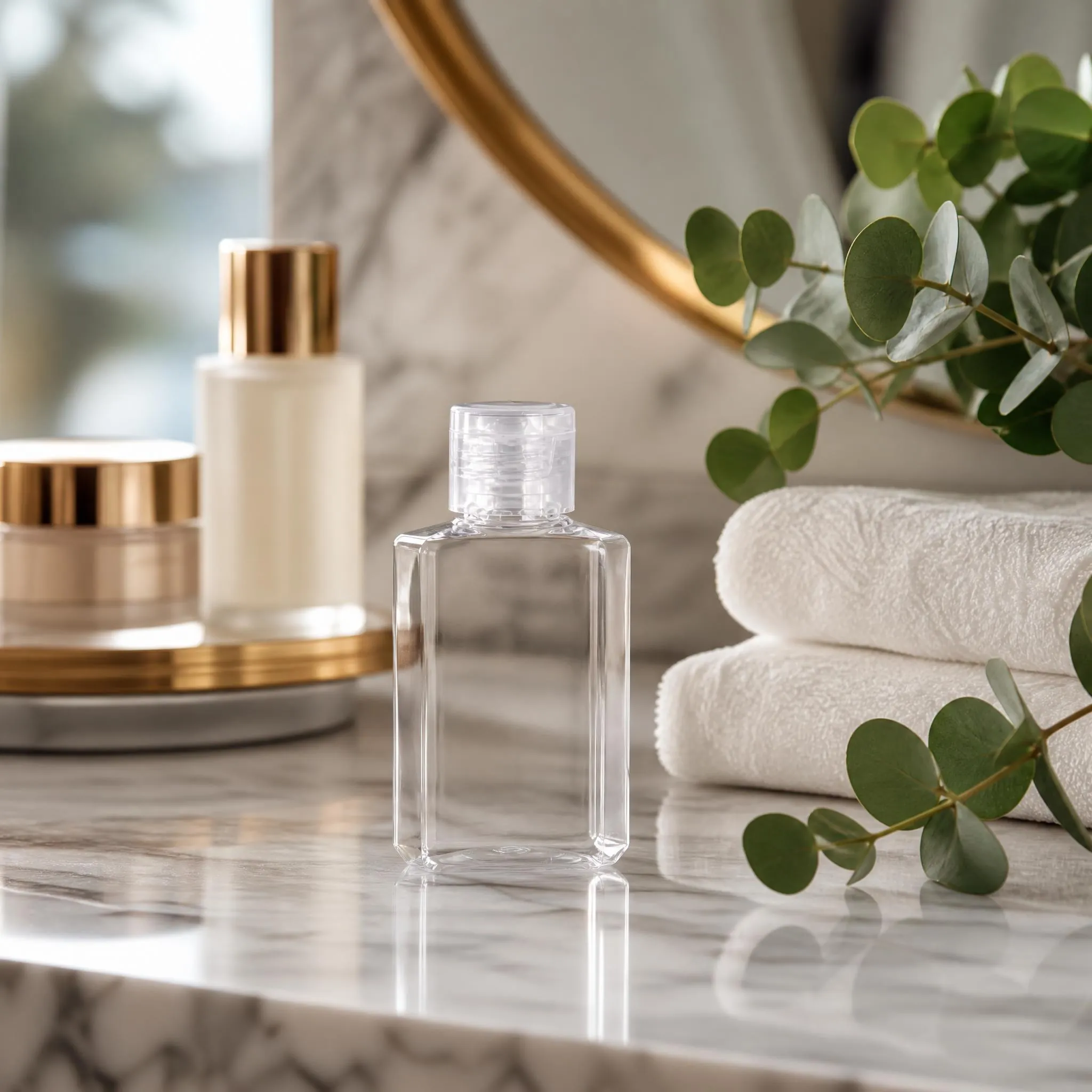 60ml clear octagonal PET bottle on marble bathroom countertop with skincare products