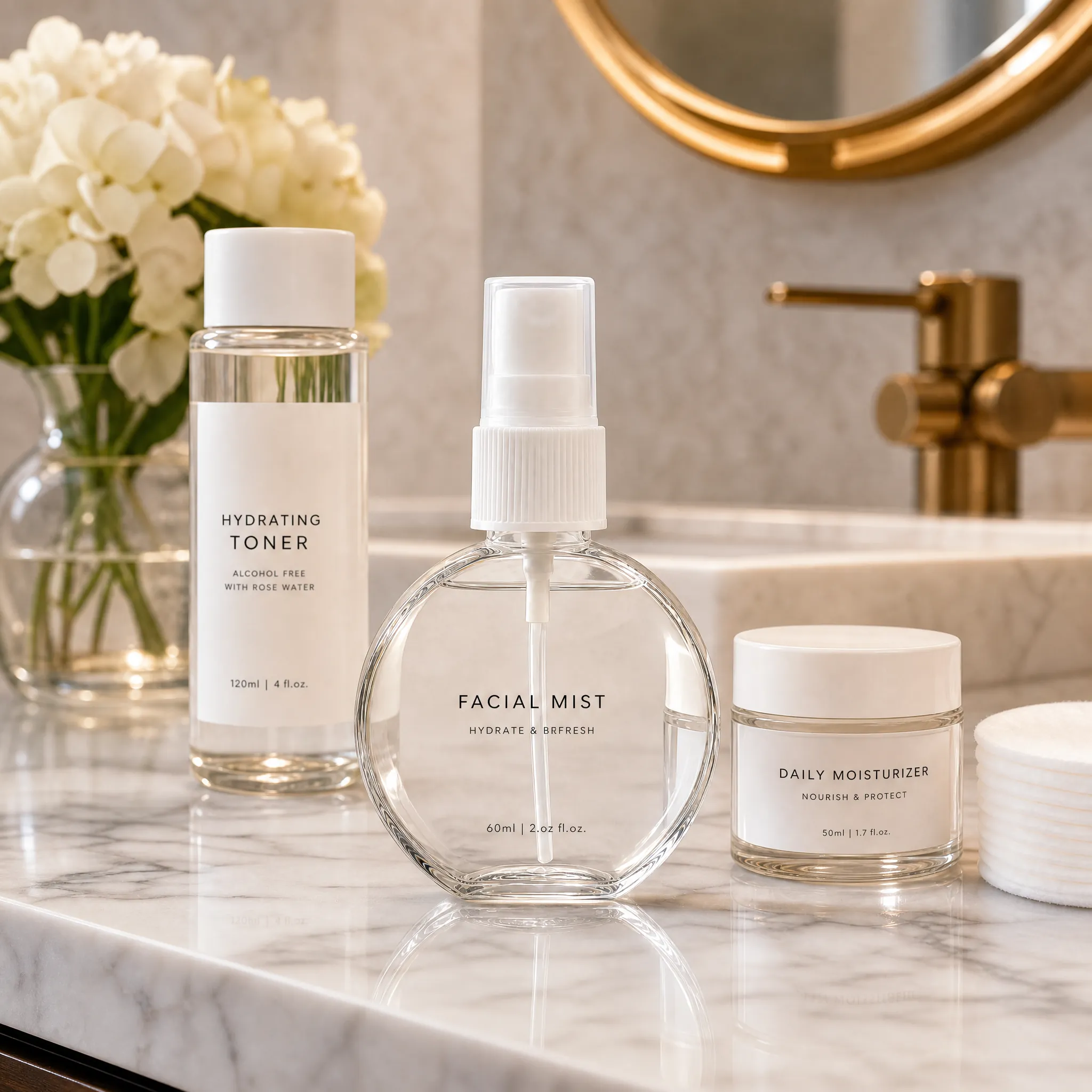 60ml facial mist spray bottle with label on marble bathroom countertop