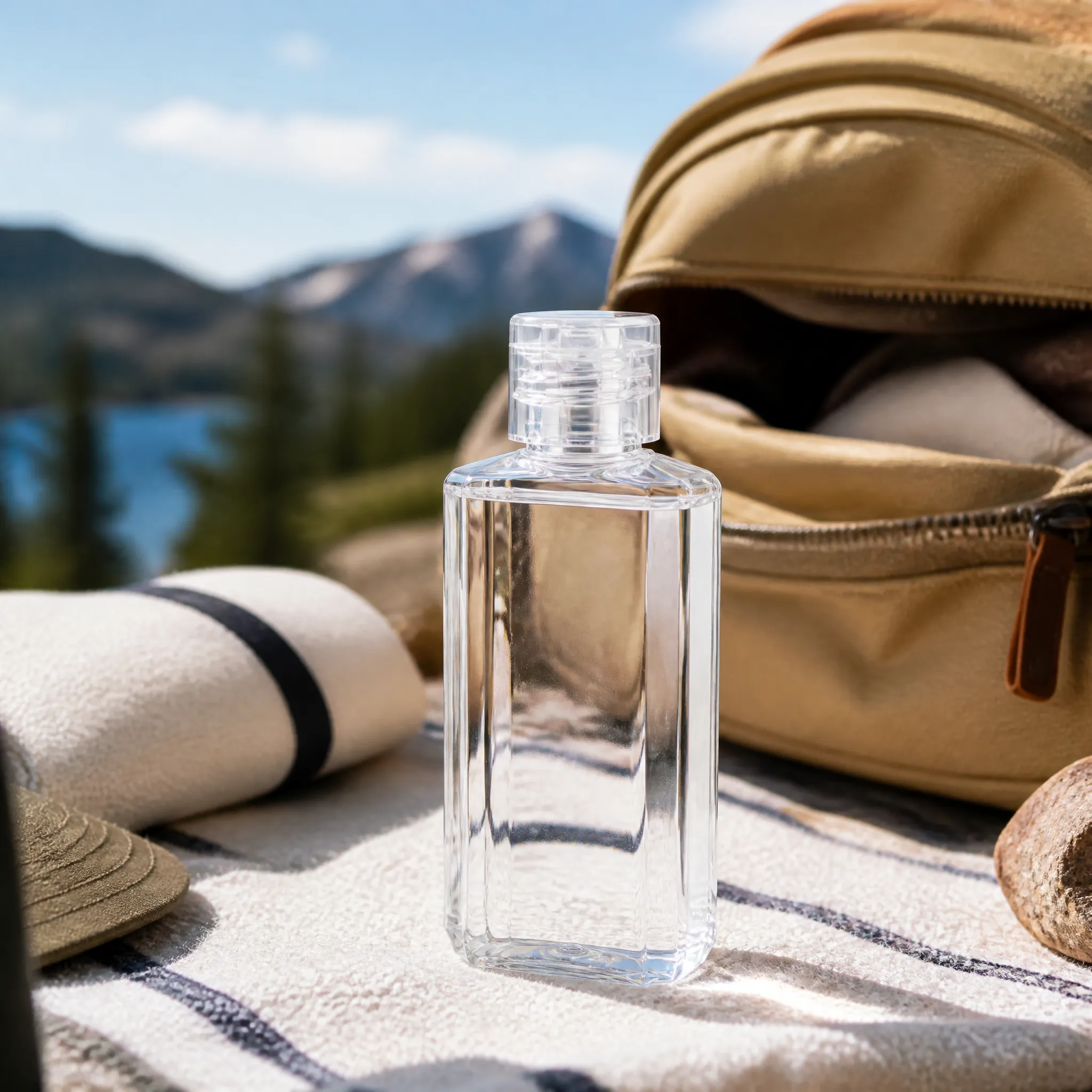 60ml octagonal PET hand sanitizer bottle on picnic blanket with backpack mountain background