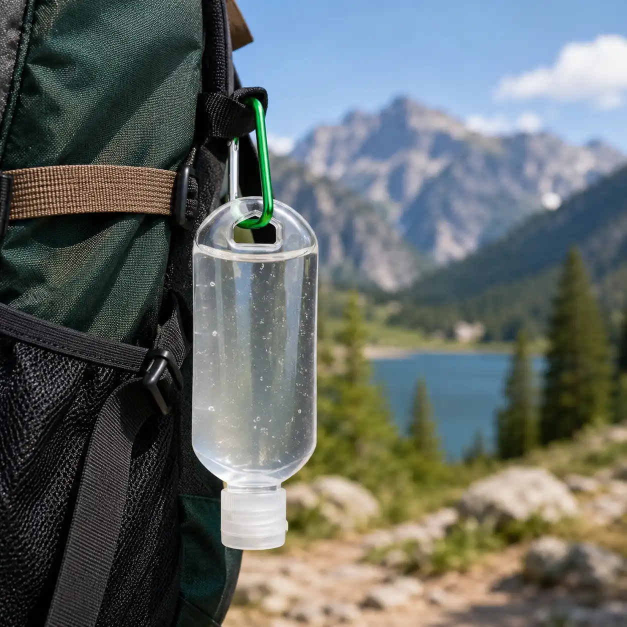 60ml hand sanitizer spray bottle with green carabiner on hiking backpack outdoor scene wholesale plastic bottle manufacturer custom OEM