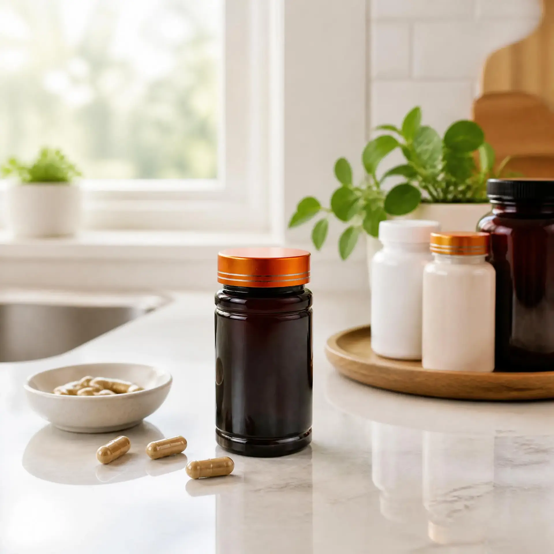 amber supplement bottle kitchen scene wholesale plastic bottle manufacturer custom OEM