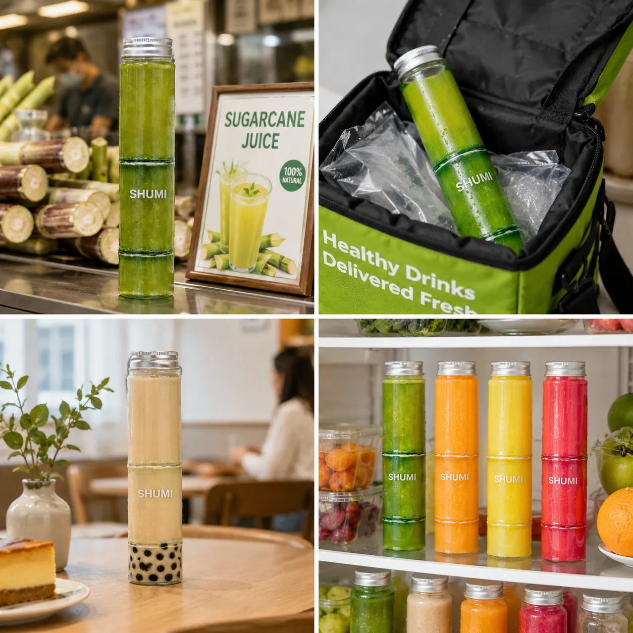 4 grid collage bamboo bottle real use juice shop delivery cafe refrigerator