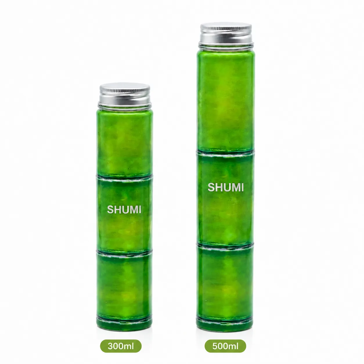 300ml 500ml green bamboo shape pet sugarcane bottle size comparison