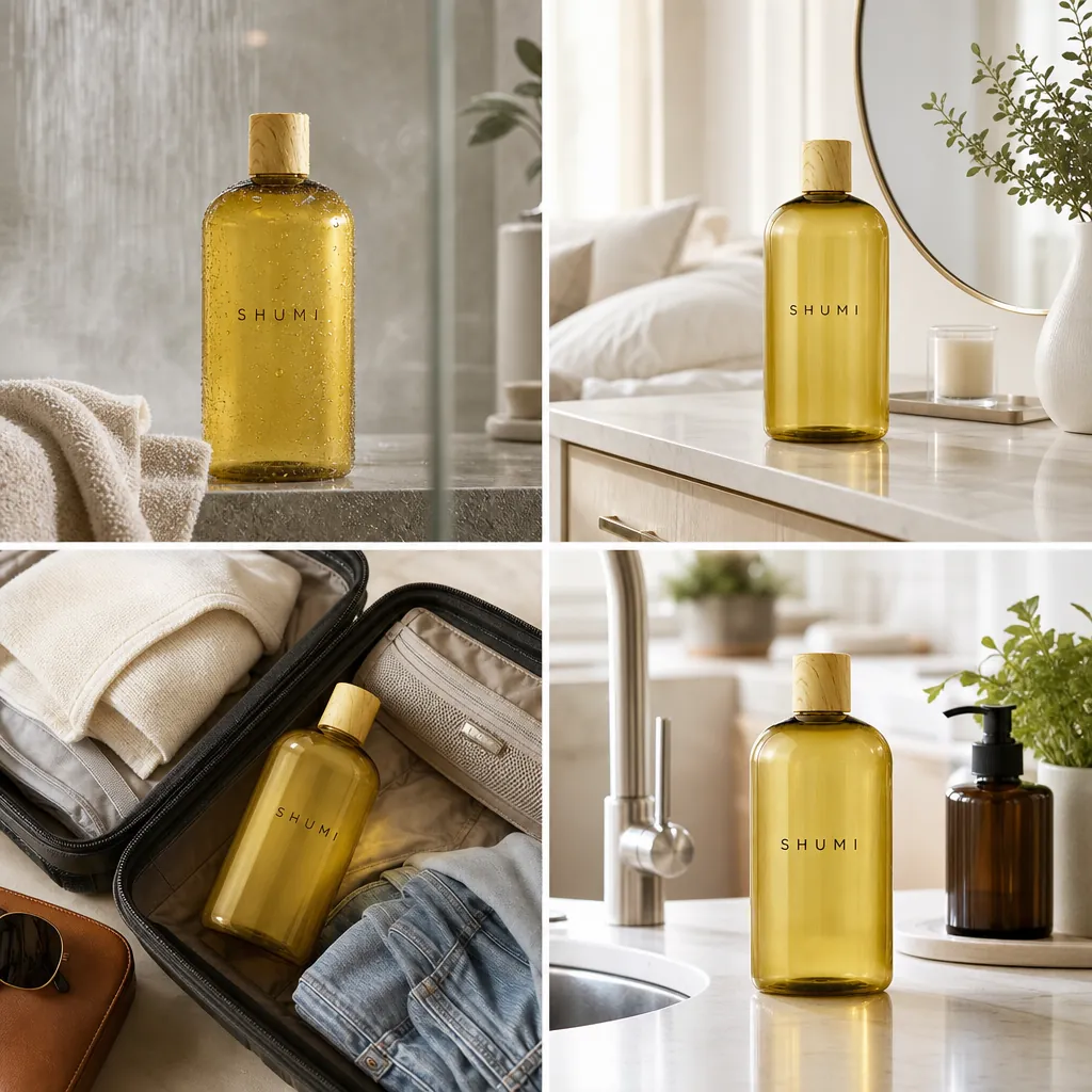 4 grid collage amber boston round bottle real use scenarios bathroom vanity travel