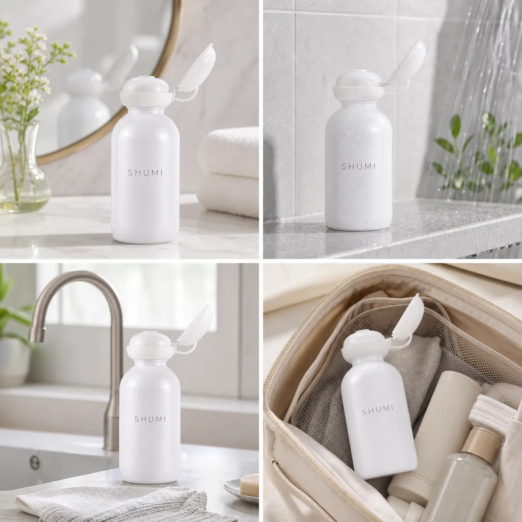 4 grid collage white boston round bottle real use bathroom kitchen travel