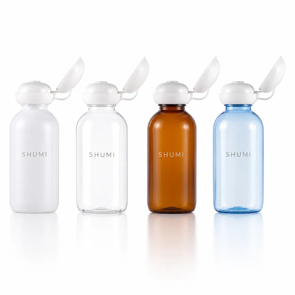 white clear amber blue boston round plastic bottle with flip top cap