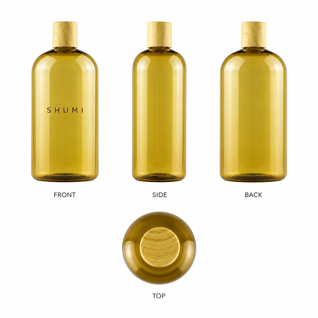 SHUMI amber boston round plastic bottle front side back top multiple angles