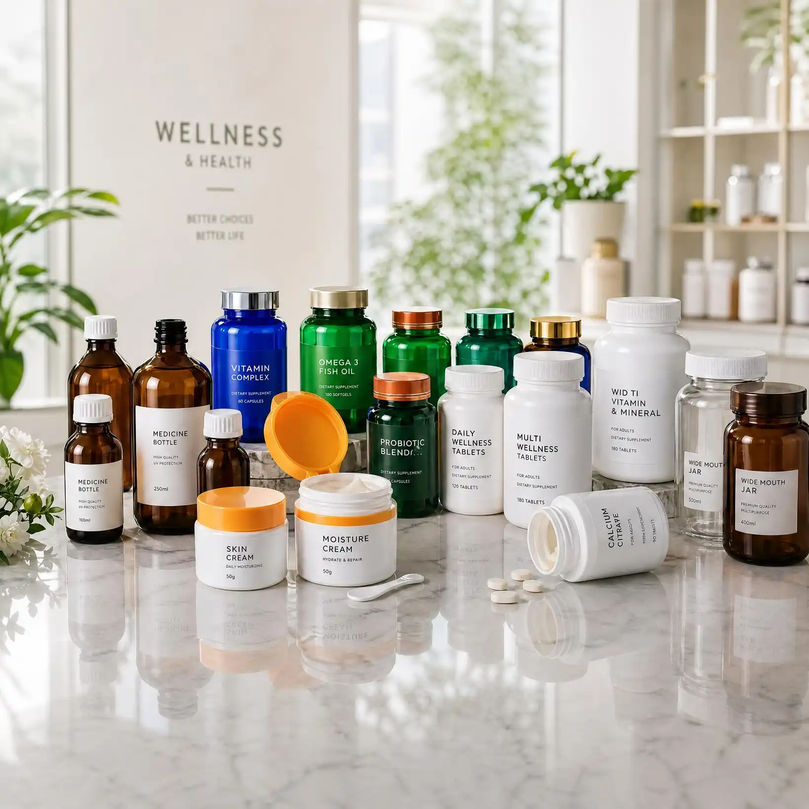 An assortment of amber and colorful plastic pill bottles, medicine jars, and supplement containers with screw caps displayed on a pharmacy counter.