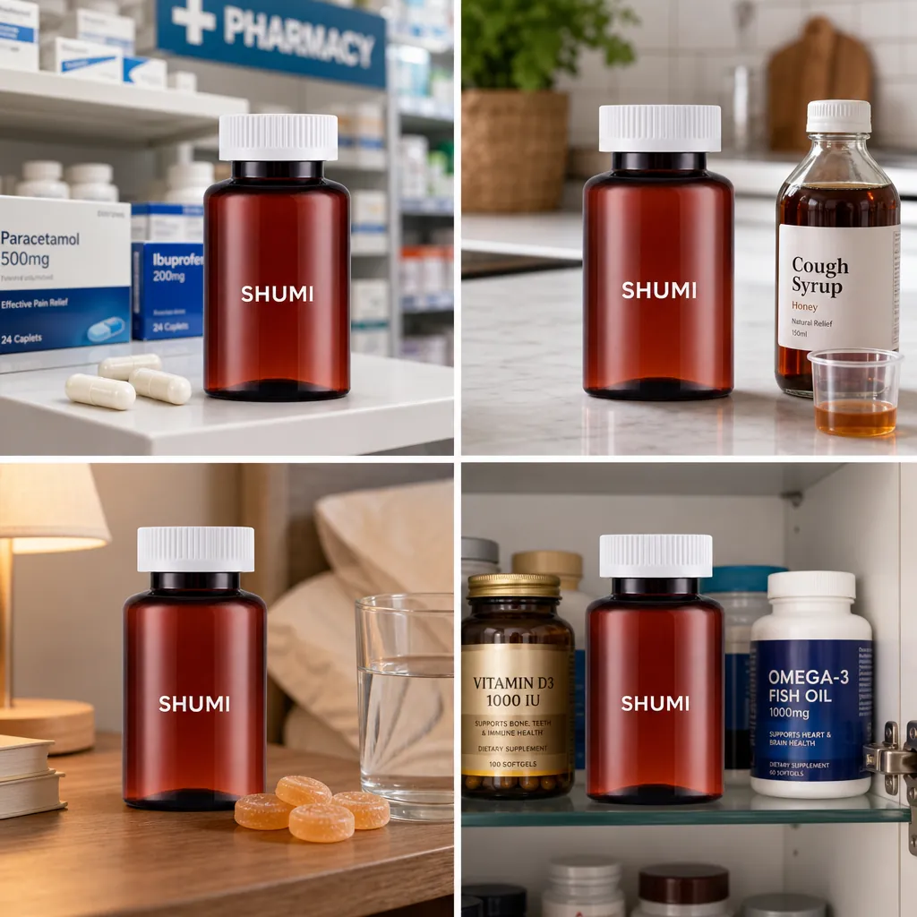 4 grid collage amber wide mouth bottle real use pharmacy kitchen bedroom medicine cabinet
