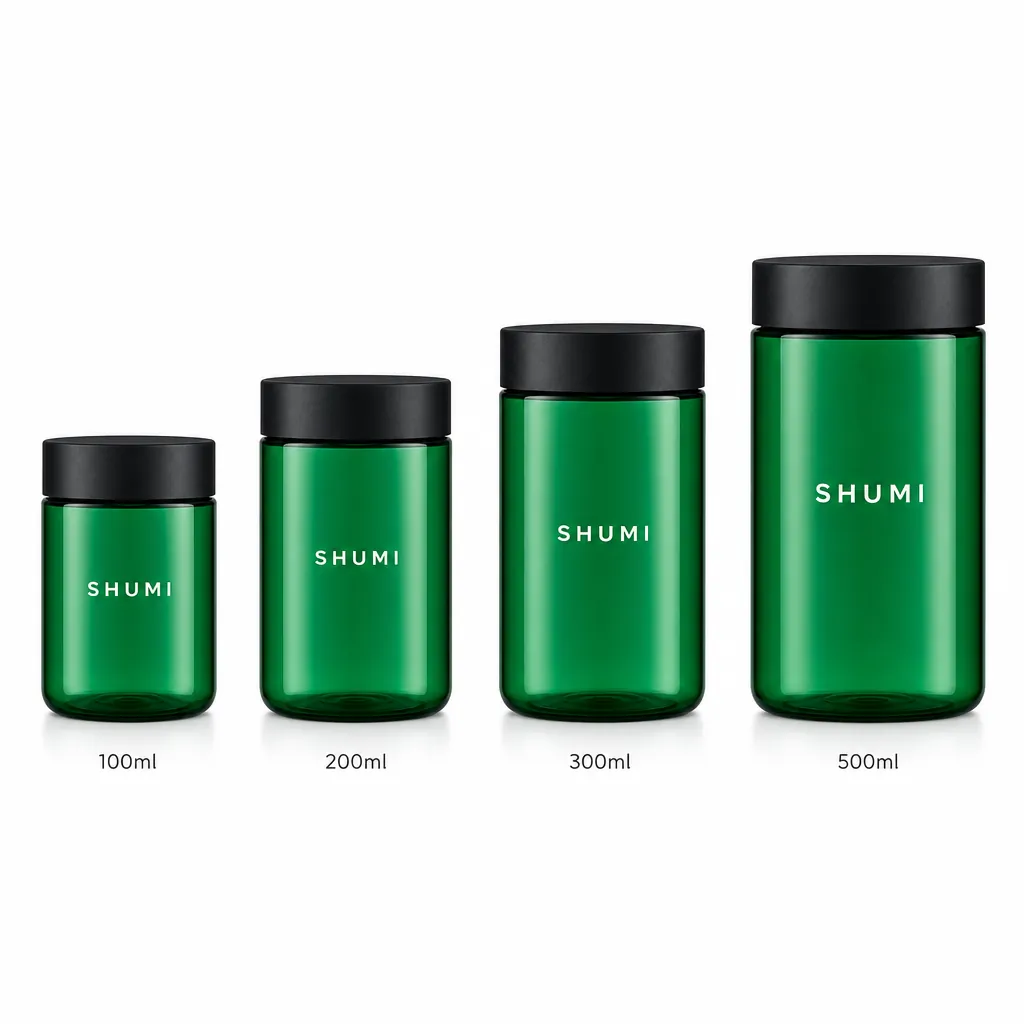 100ml 200ml 300ml 500ml green child resistant plastic jar size comparison
