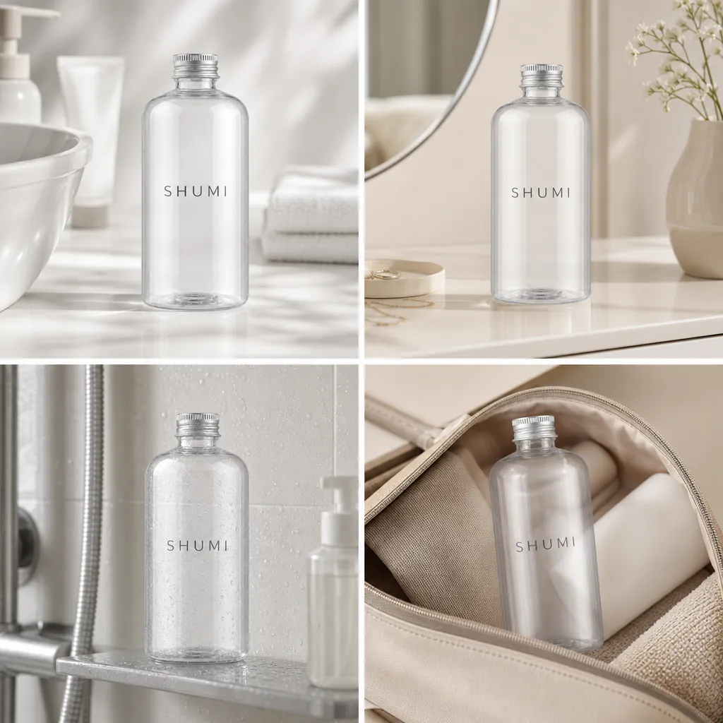 4 grid collage clear chubby pet bottle real use bathroom vanity shower travel