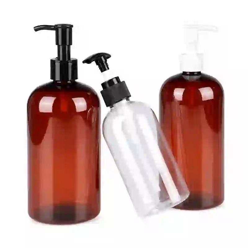clear PET Boston lotion pump bottle with black shampoo dispenser