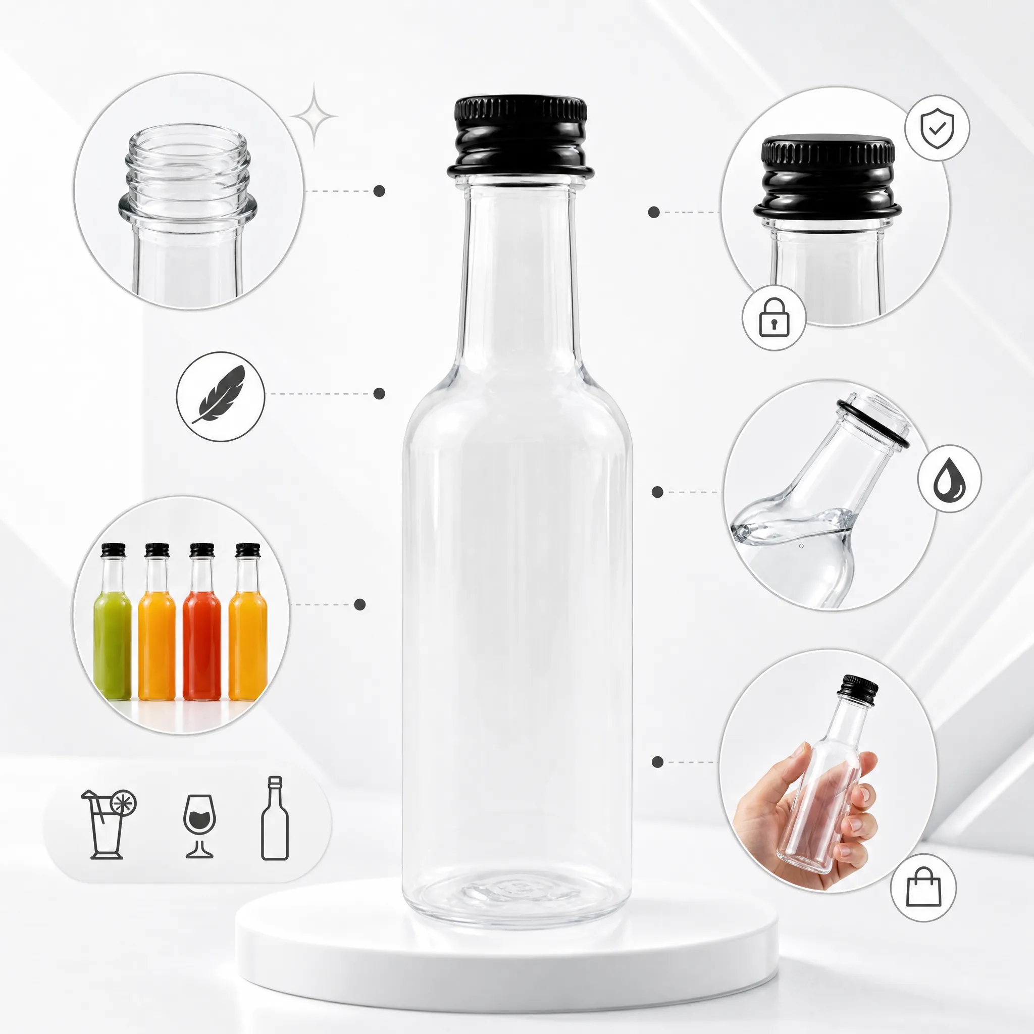 Clear PET plastic bottle main features tamper proof cap leak proof seal food grade material for beverage packaging