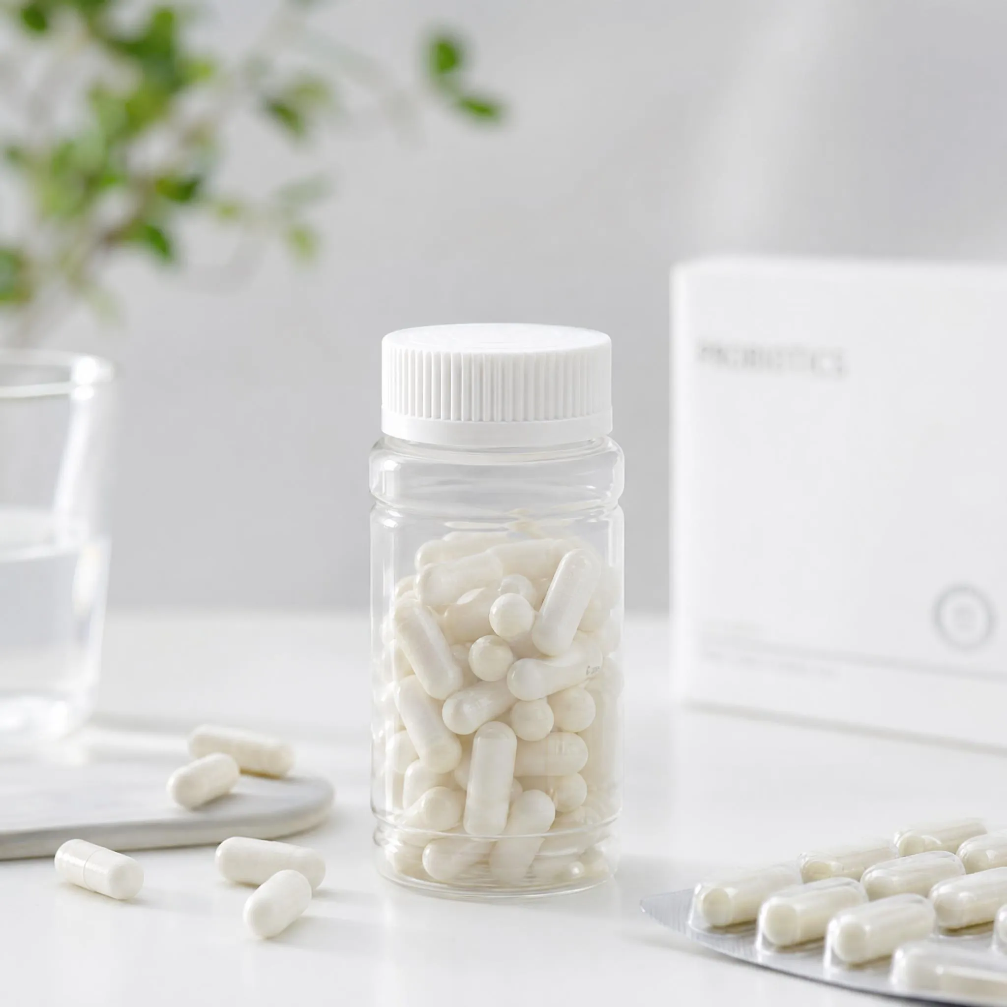 food grade clear pet bottle filled with white capsules health supplement
