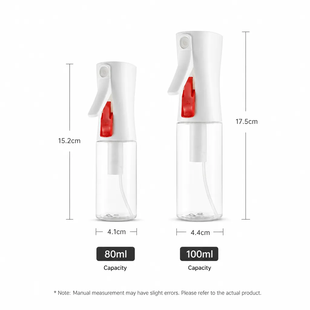 80ml 100ml continuous fine mist spray bottles clear versions dimensions chart