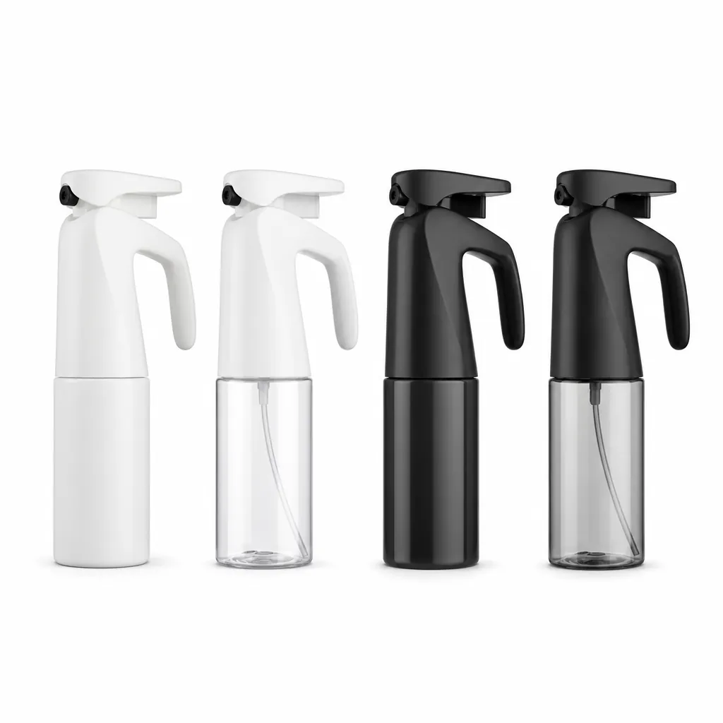Continuous spray bottles with different handle designs in white and black group view