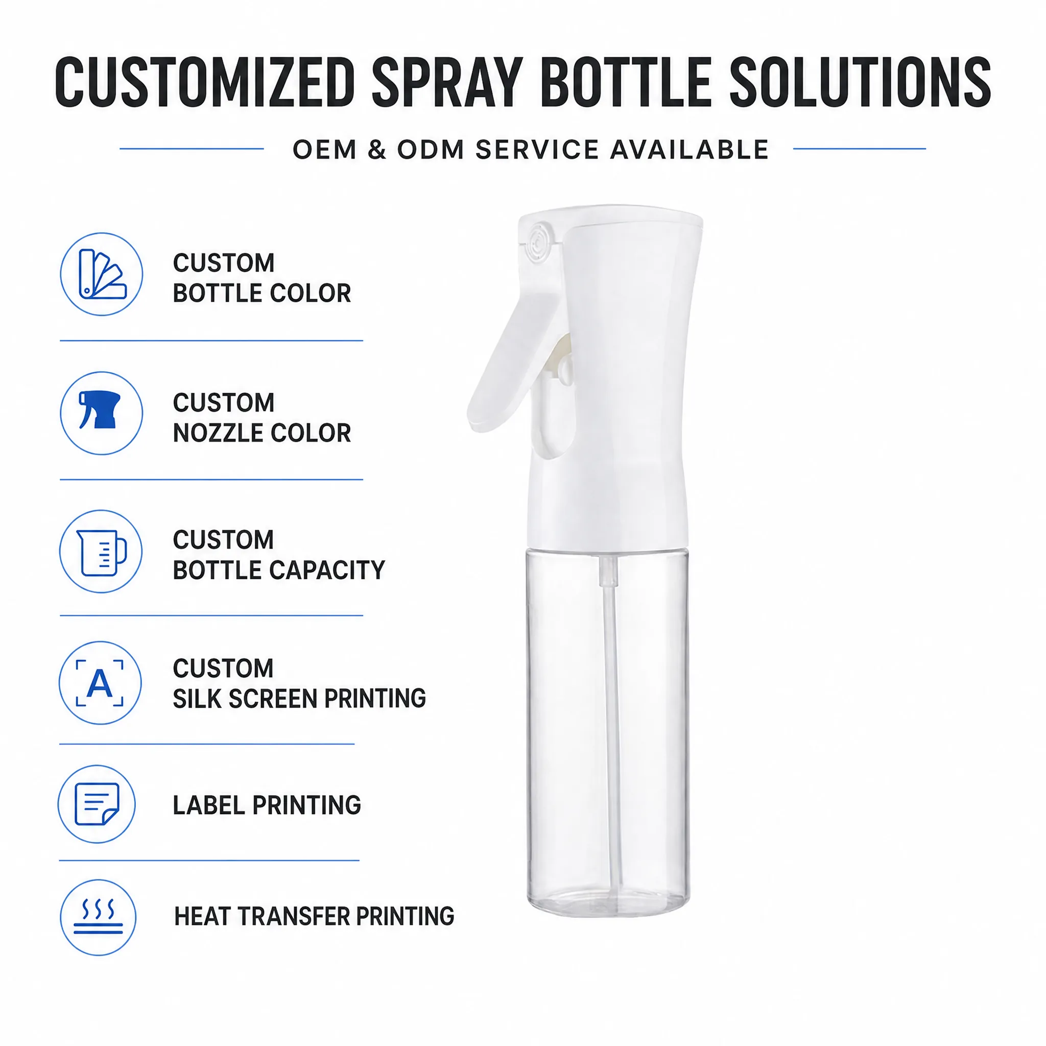 Continuous spray bottle OEM ODM customization service infographic