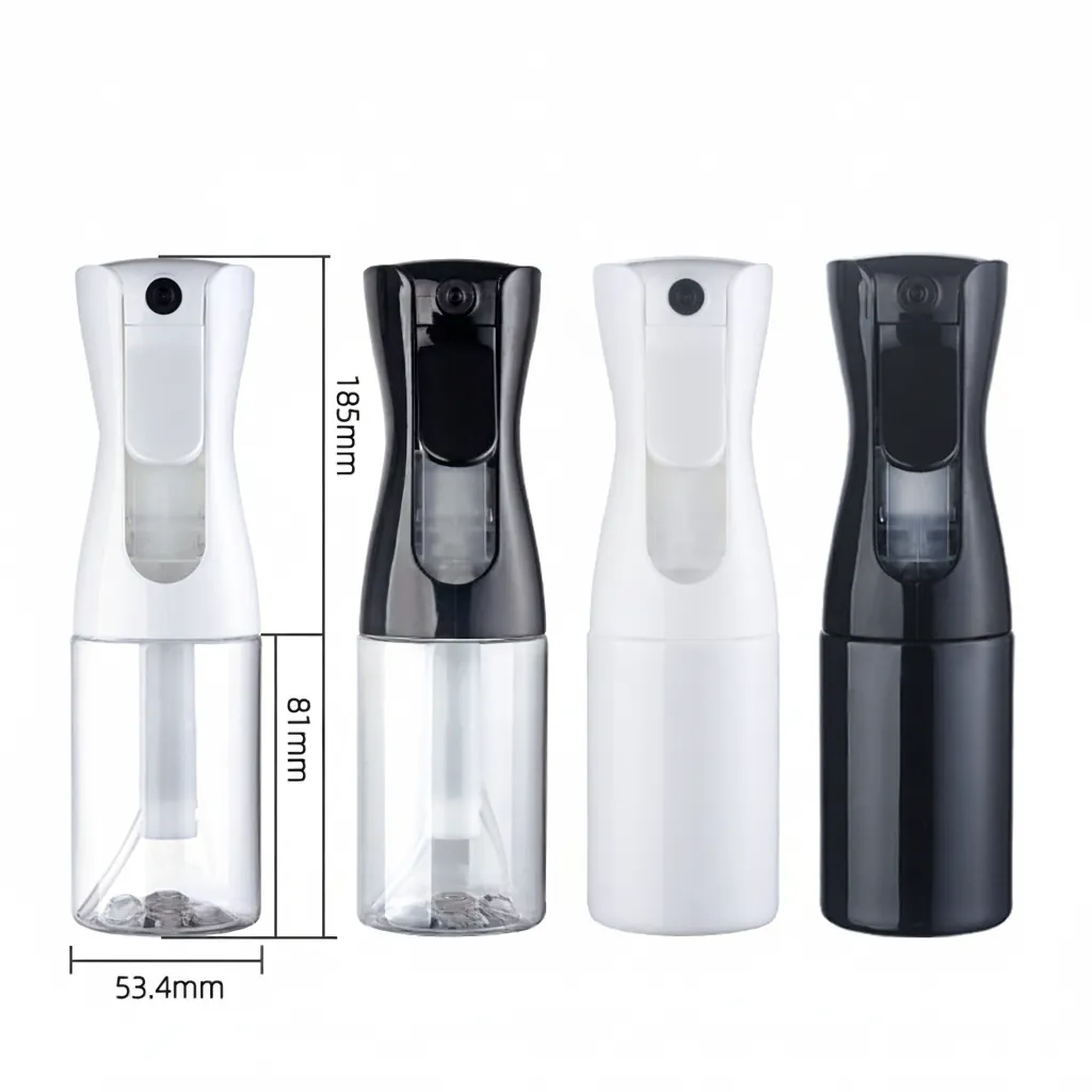Continuous spray bottle sizes and dimensions chart with white and black models