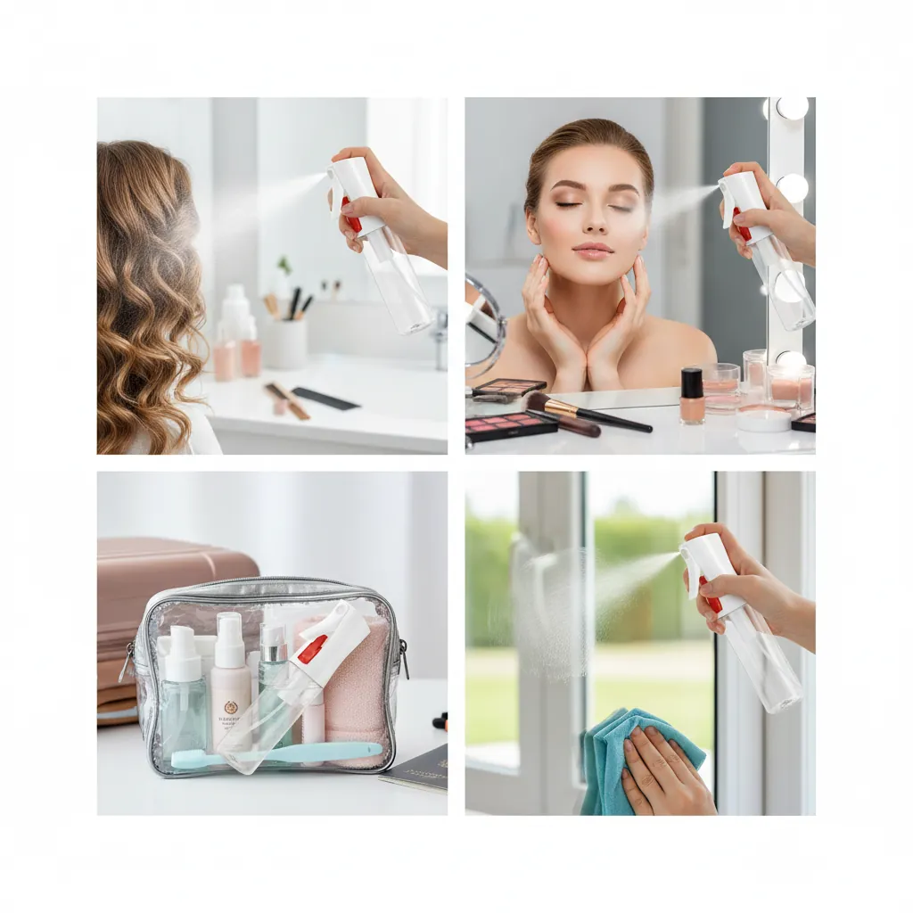 White continuous spray bottle on wooden beauty vanity table with cosmetics scene