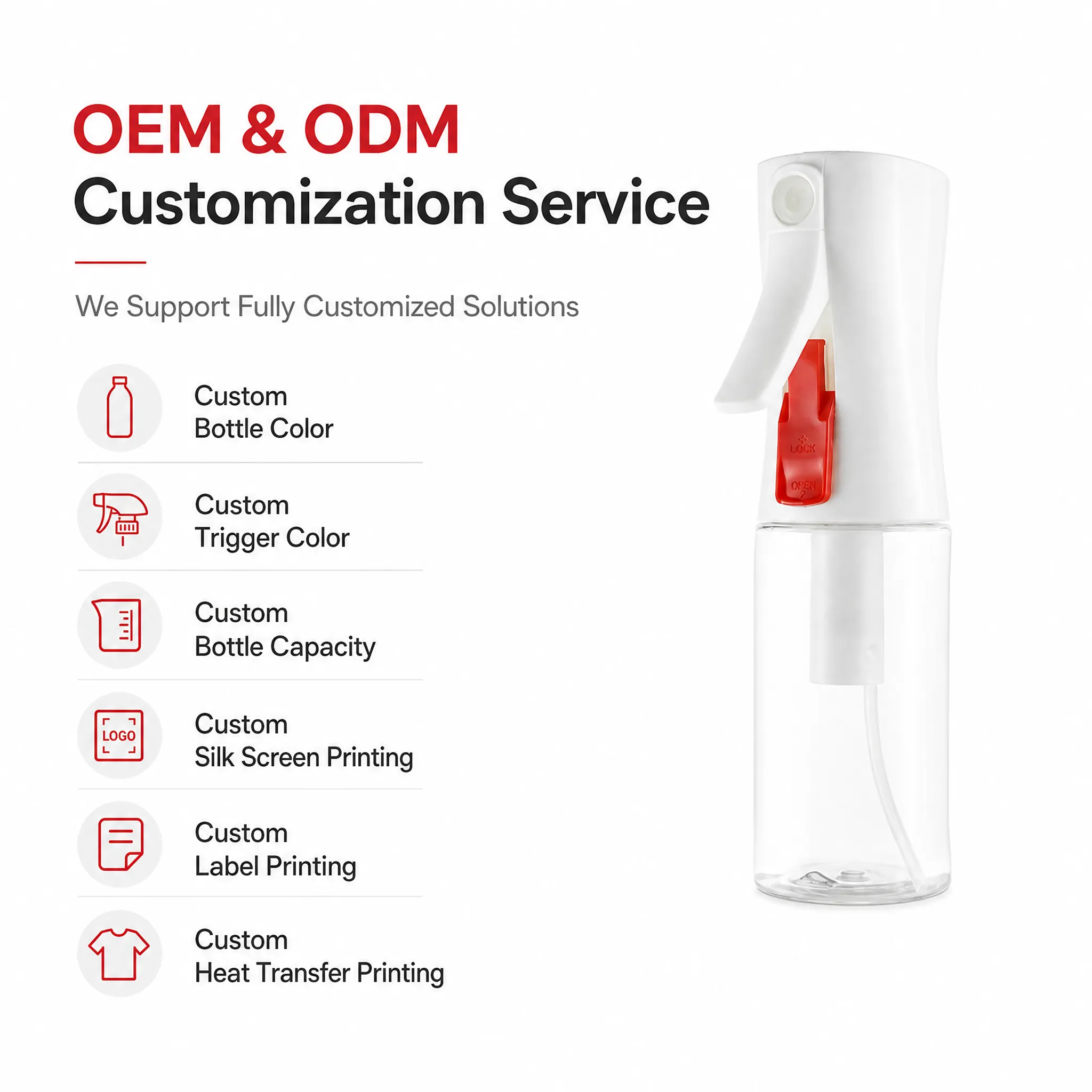 continuous spray bottle full OEM ODM customization service infographic