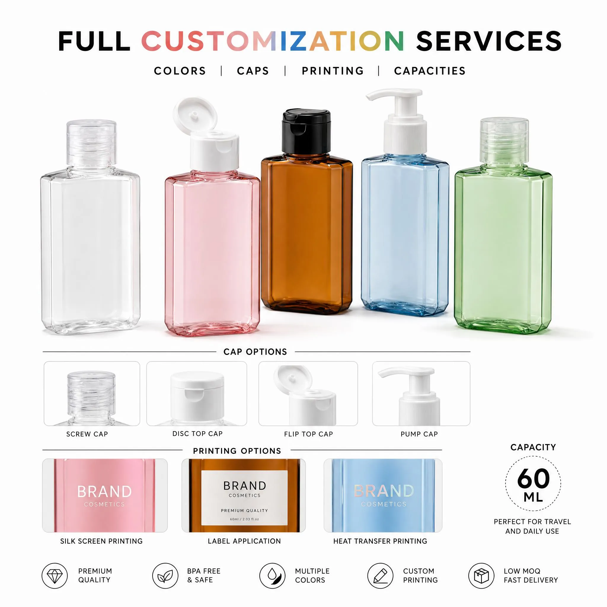 full customization services for 60ml octagonal PET bottles colors caps printing capacities